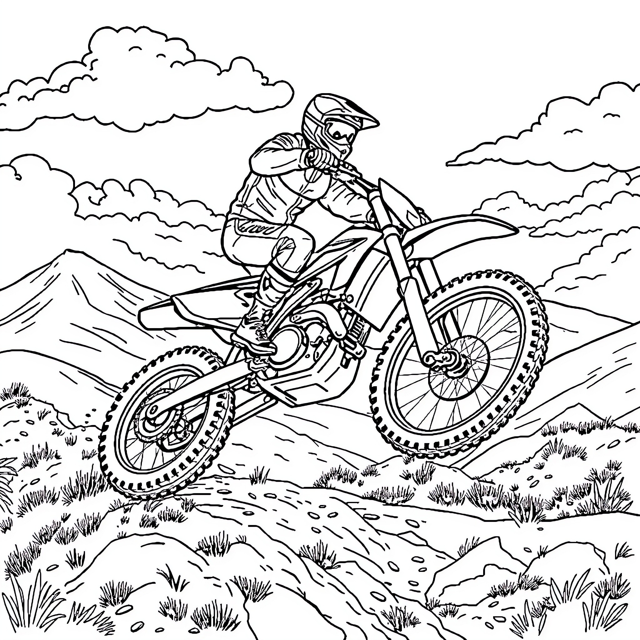 Bill riding dirt bike through mountain terrain Coloring Page (free black-and-white line drawing printable PDF for all, from beginners to advanced learners, including children, teens, adults, and seniors)