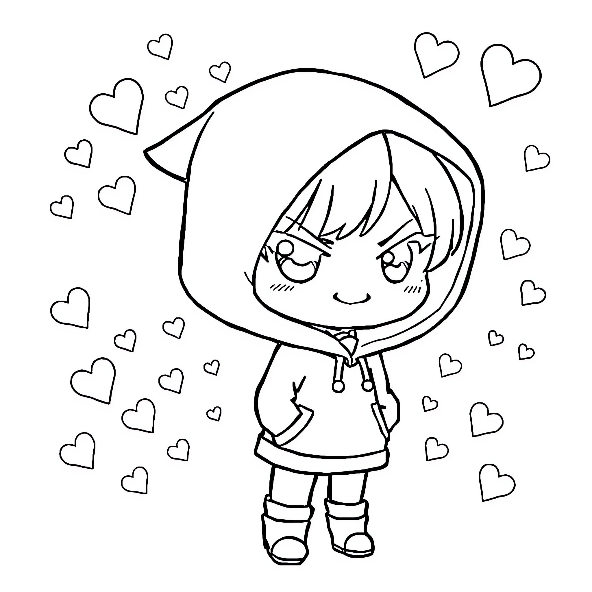 Kuromi surrounded by hearts in a cute pose Coloring Page (free black-and-white line drawing printable PDF for all, from beginners to advanced learners, including children, teens, adults, and seniors)