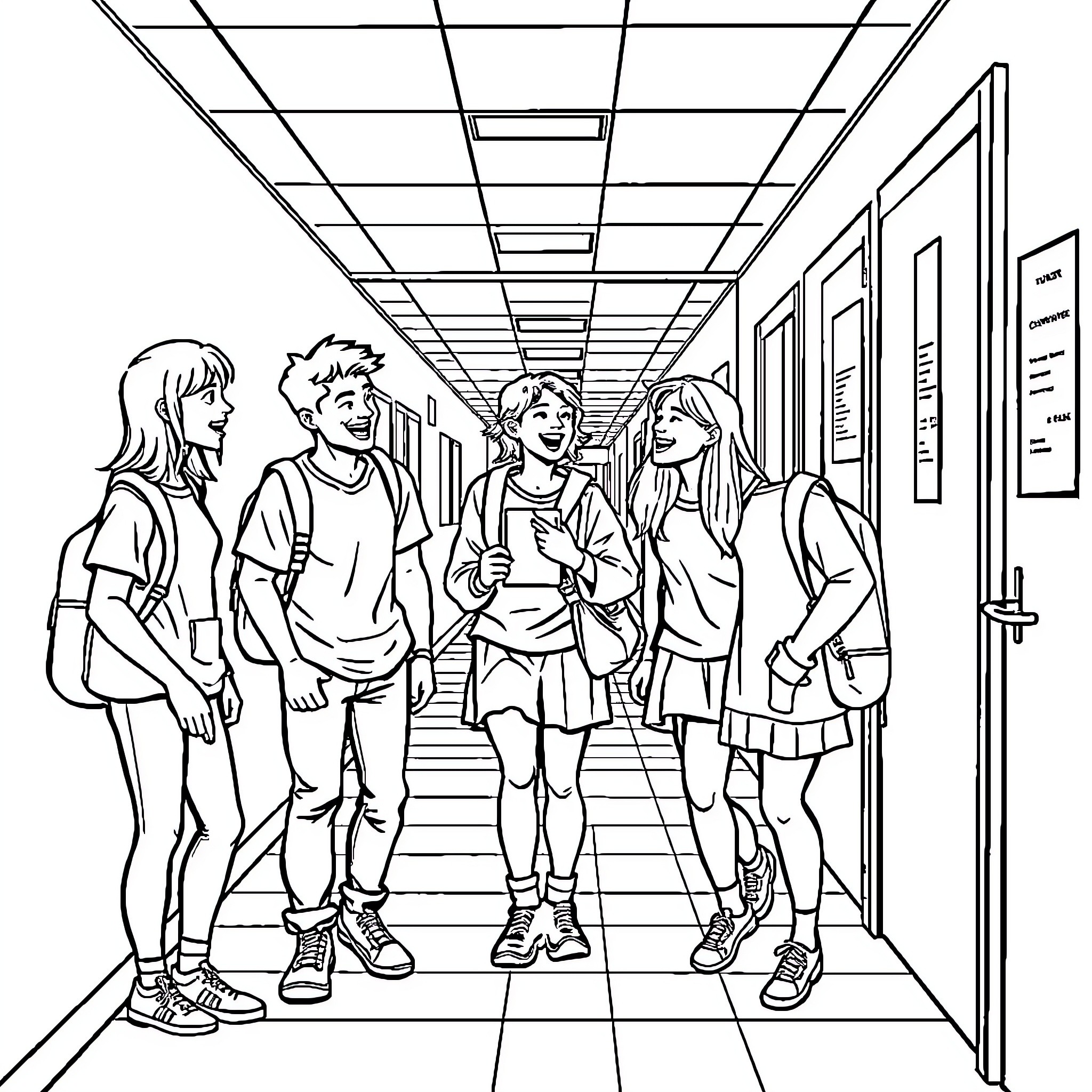 Friend's lively conversation in the school hallway Coloring Page (free black-and-white line drawing printable PDF for all, from beginners to advanced learners, including children, teens, adults, and seniors)