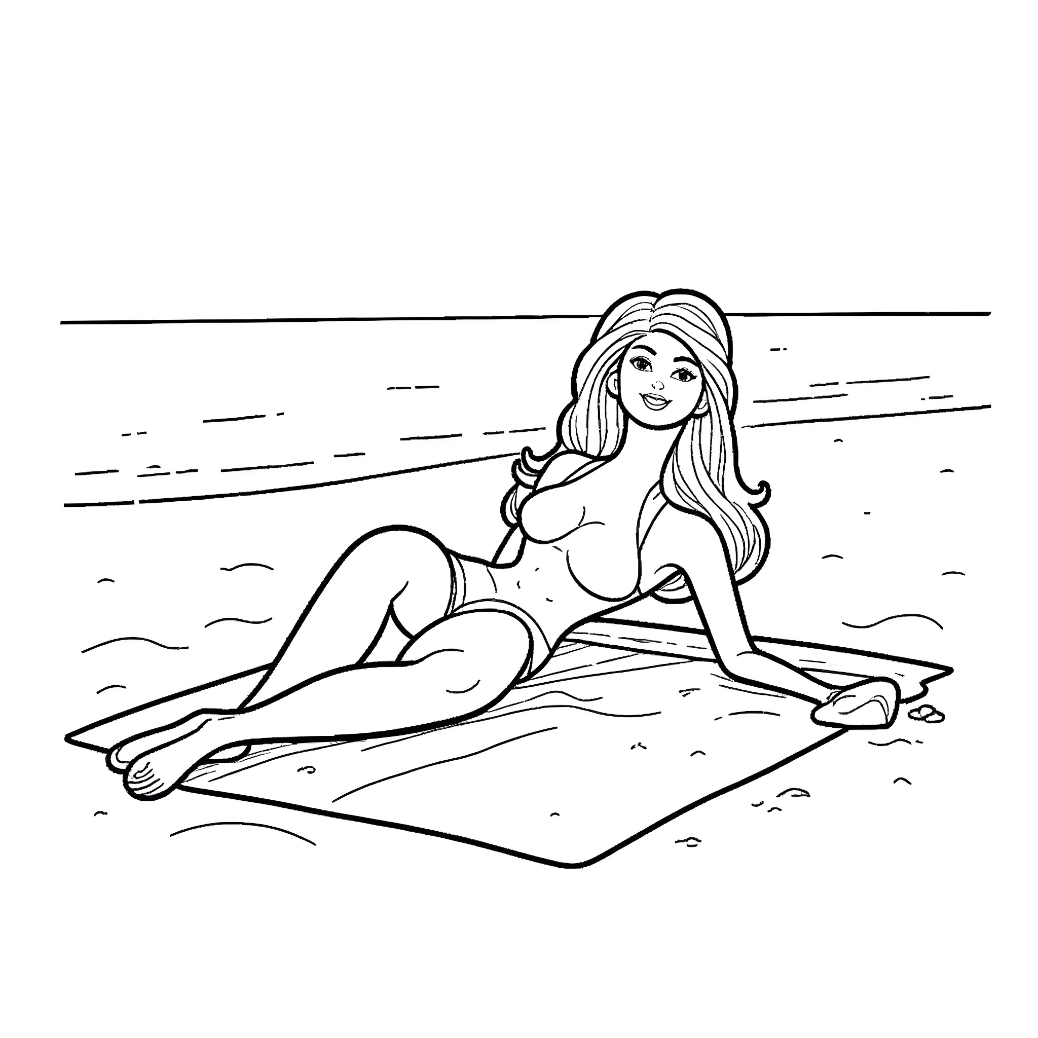 Barbie relaxing on the beach Coloring Page (free black-and-white line drawing printable PDF for all, from beginners to advanced learners, including children, teens, adults, and seniors)
