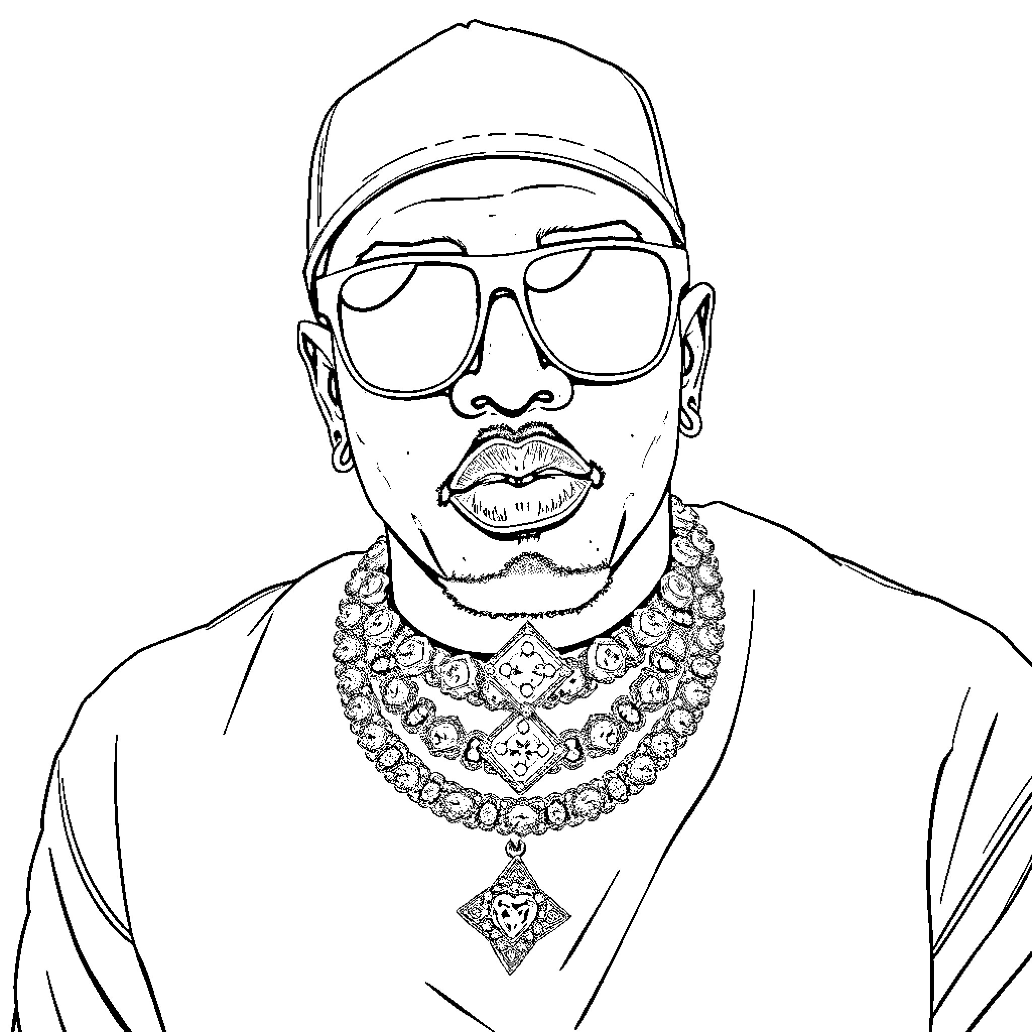 Rapper in bold accessories and attire Coloring Page (free black-and-white line drawing printable PDF for all, from beginners to advanced learners, including children, teens, adults, and seniors)