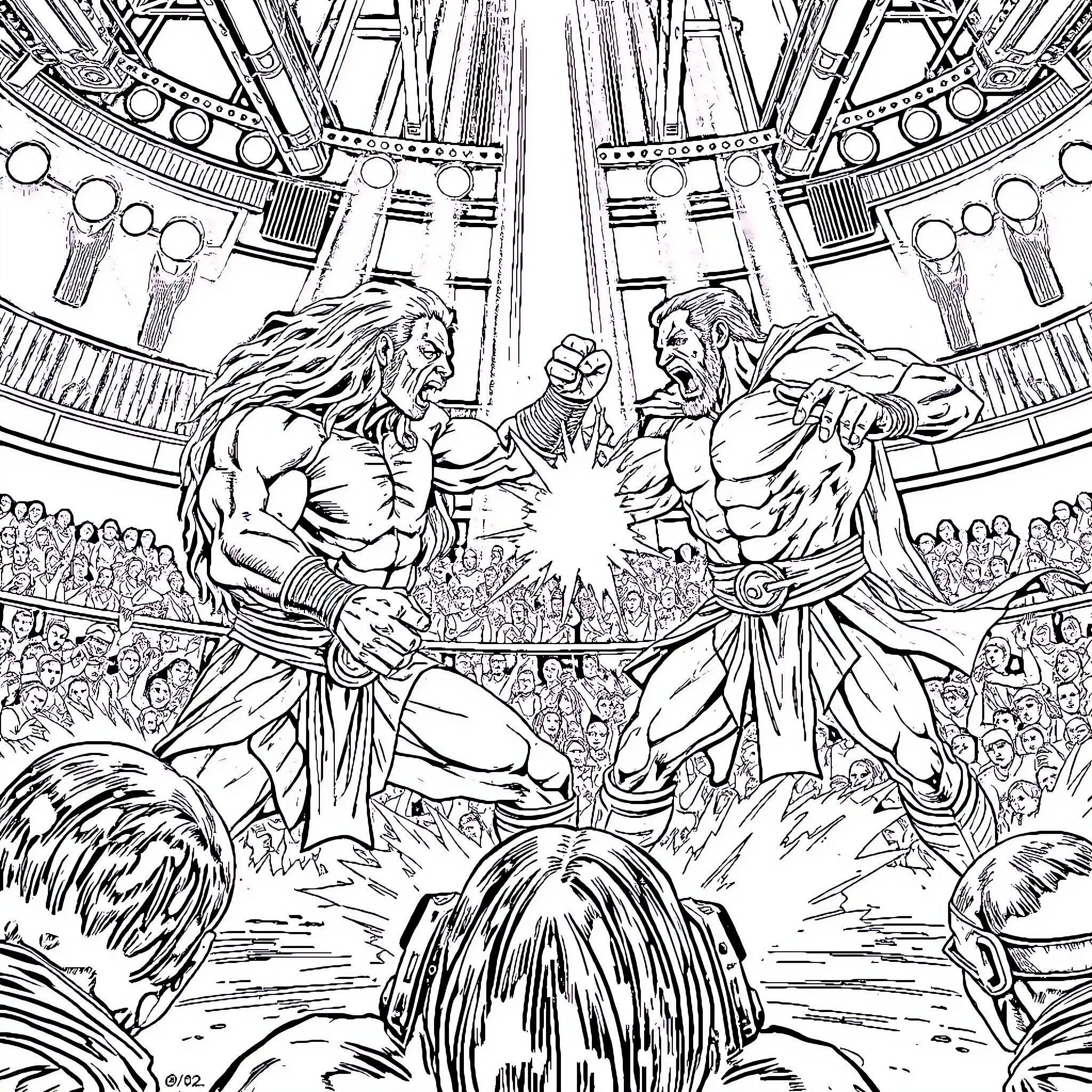 Thragg's Fierce Battle in the Gladiatorial Arena Coloring Page (free black-and-white line drawing printable PDF for all, from beginners to advanced learners, including children, teens, adults, and seniors)
