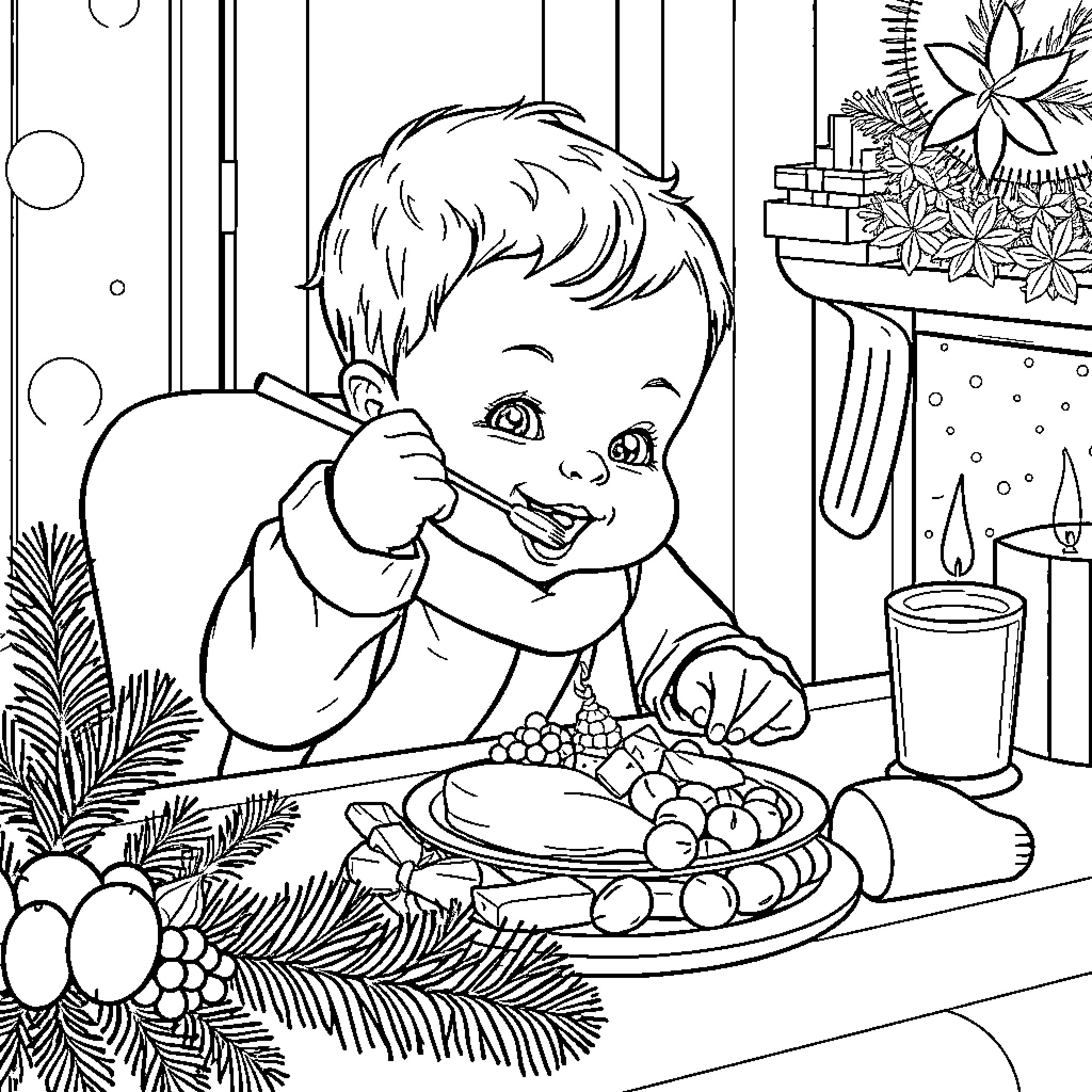 Baby enjoying a festive holiday meal Coloring Page (free black-and-white line drawing printable PDF for all, from beginners to advanced learners, including children, teens, adults, and seniors)