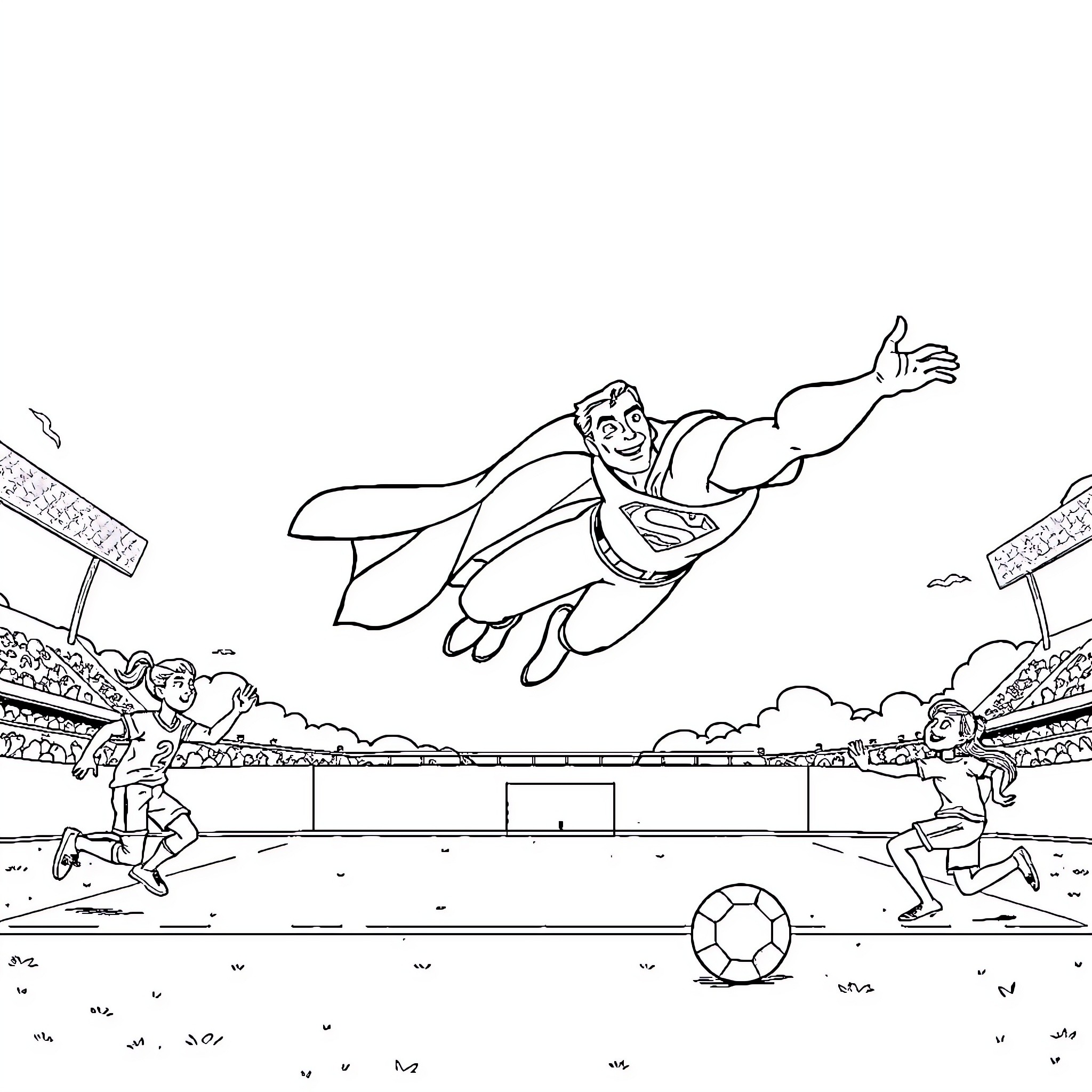 Superman saves the day at the soccer stadium Coloring Page (free black-and-white line drawing printable PDF for all, from beginners to advanced learners, including children, teens, adults, and seniors)