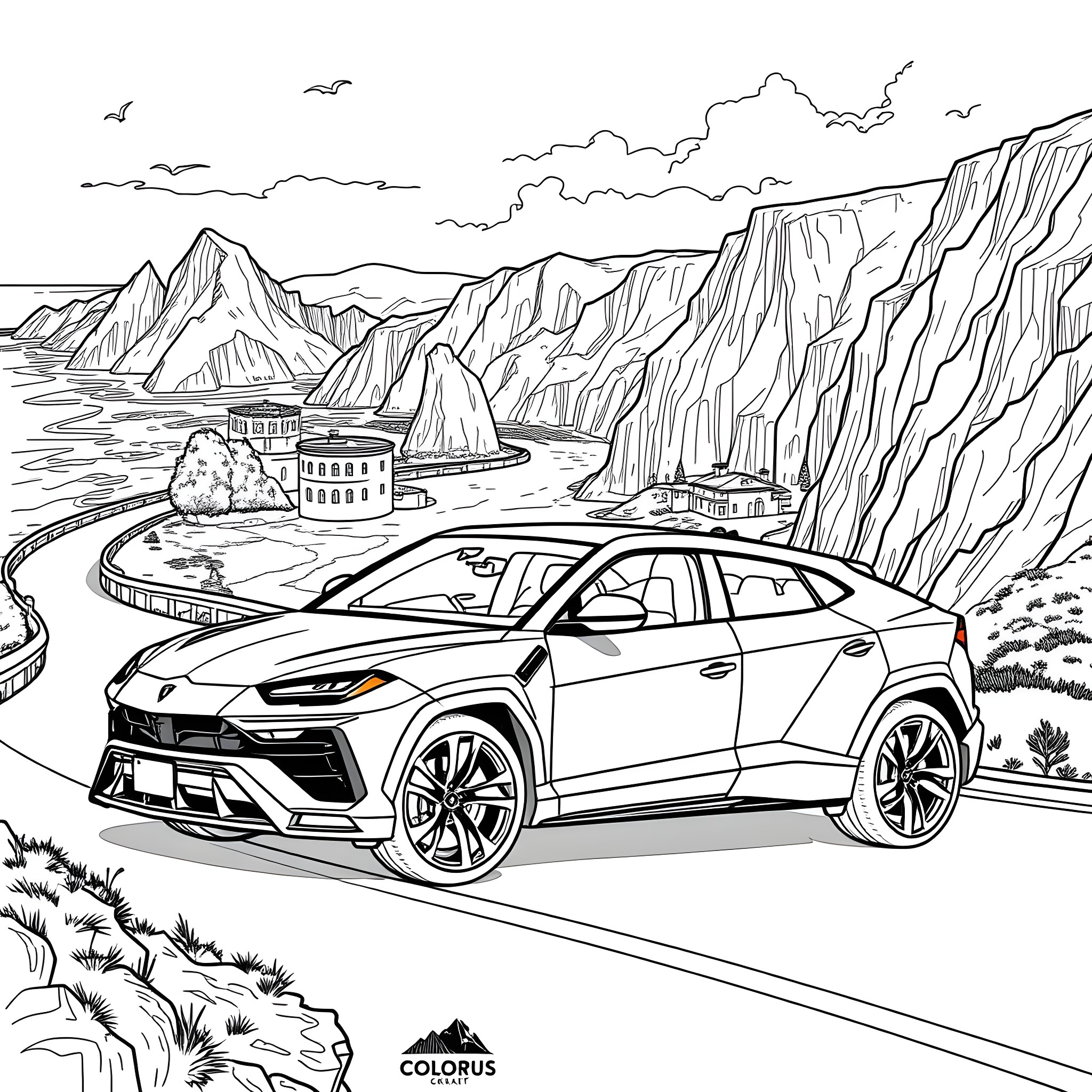 Lamborghini SUV driving through mountainous landscape Coloring Page (free black-and-white line drawing printable PDF for all, from beginners to advanced learners, including children, teens, adults, and seniors)