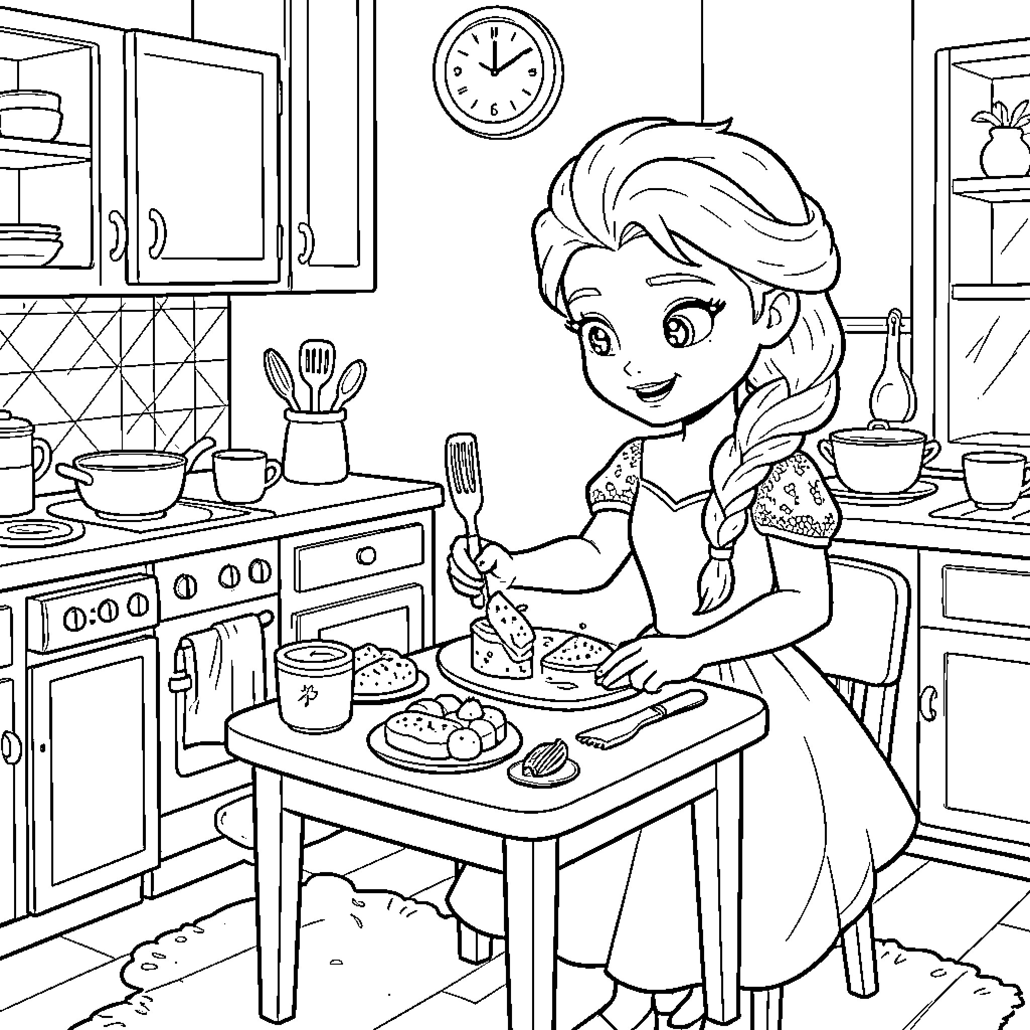 Elsa sitting at a table enjoying a meal Coloring Page (free black-and-white line drawing printable PDF for all, from beginners to advanced learners, including children, teens, adults, and seniors)