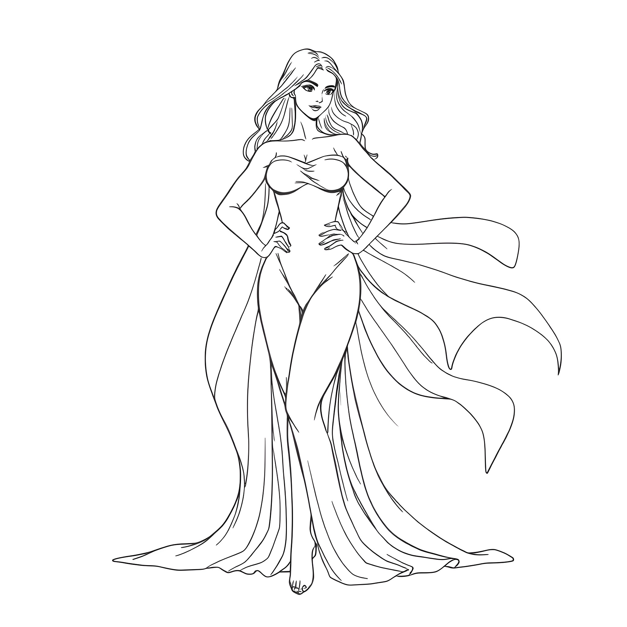 Woman in flowing evening gown posing gracefully Coloring Page (free black-and-white line drawing printable PDF for all, from beginners to advanced learners, including children, teens, adults, and seniors)