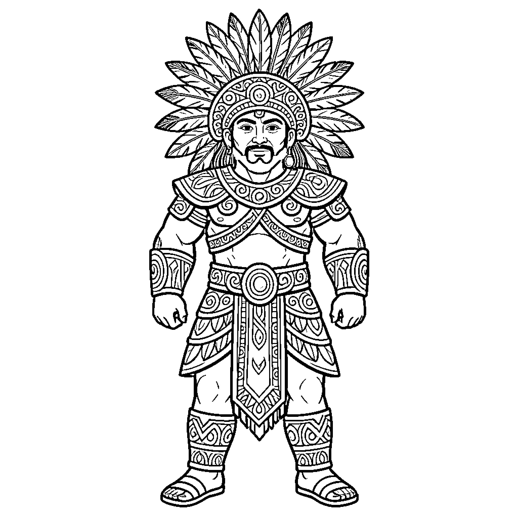 Maya Warrior wearing traditional ceremonial feathered armor Coloring Page (free black-and-white line drawing printable PDF for all, from beginners to advanced learners, including children, teens, adults, and seniors)