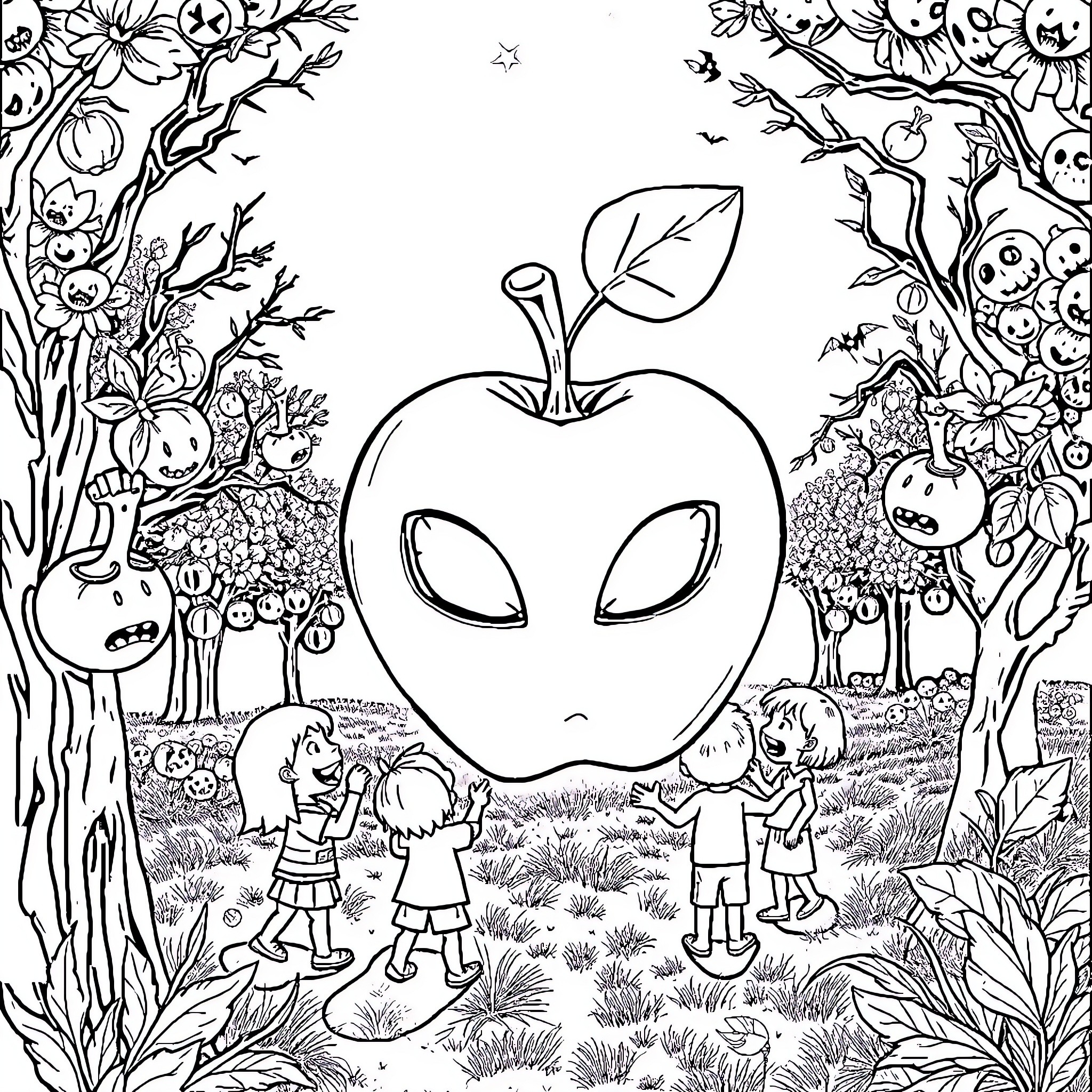 Alien apple in a fantastical forest landscape Coloring Page (free black-and-white line drawing printable PDF for all, from beginners to advanced learners, including children, teens, adults, and seniors)