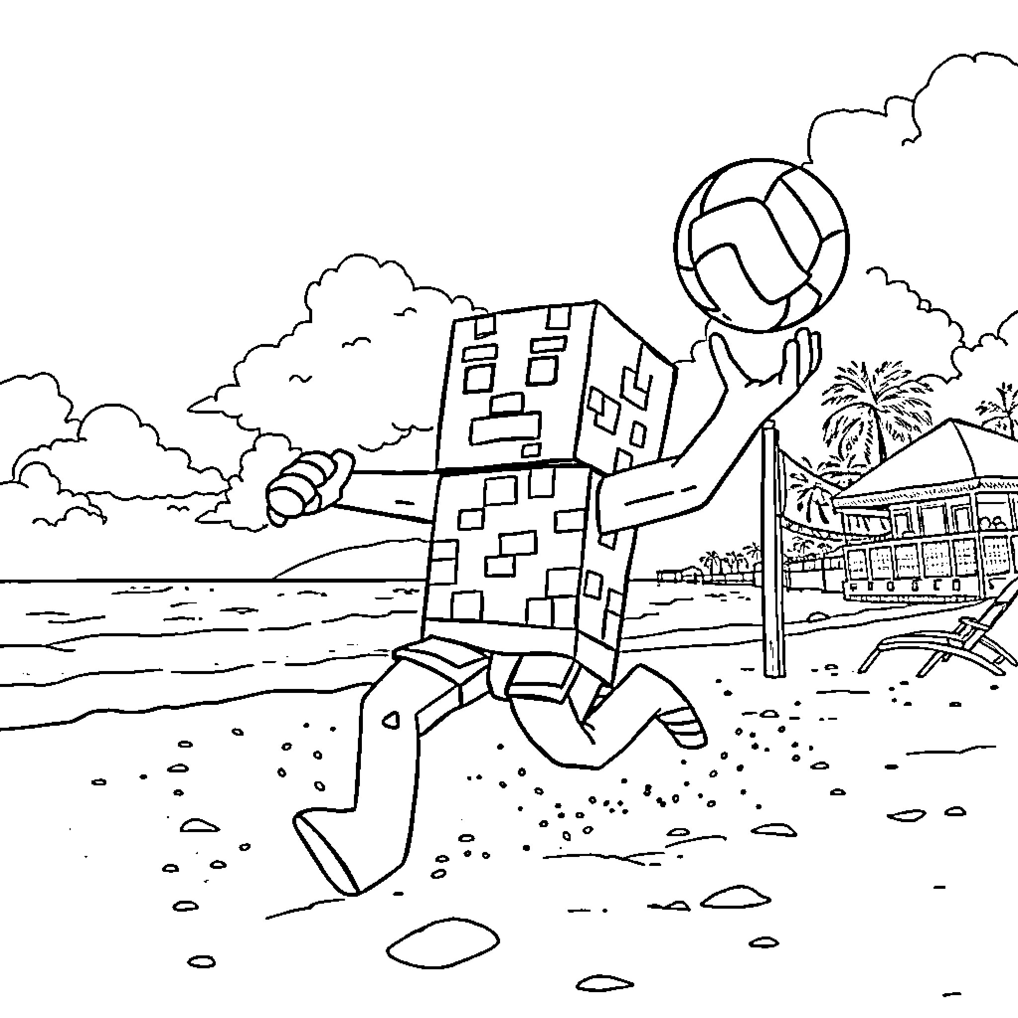 Creeper exploring the beachfront landscape Coloring Page (free black-and-white line drawing printable PDF for all, from beginners to advanced learners, including children, teens, adults, and seniors)