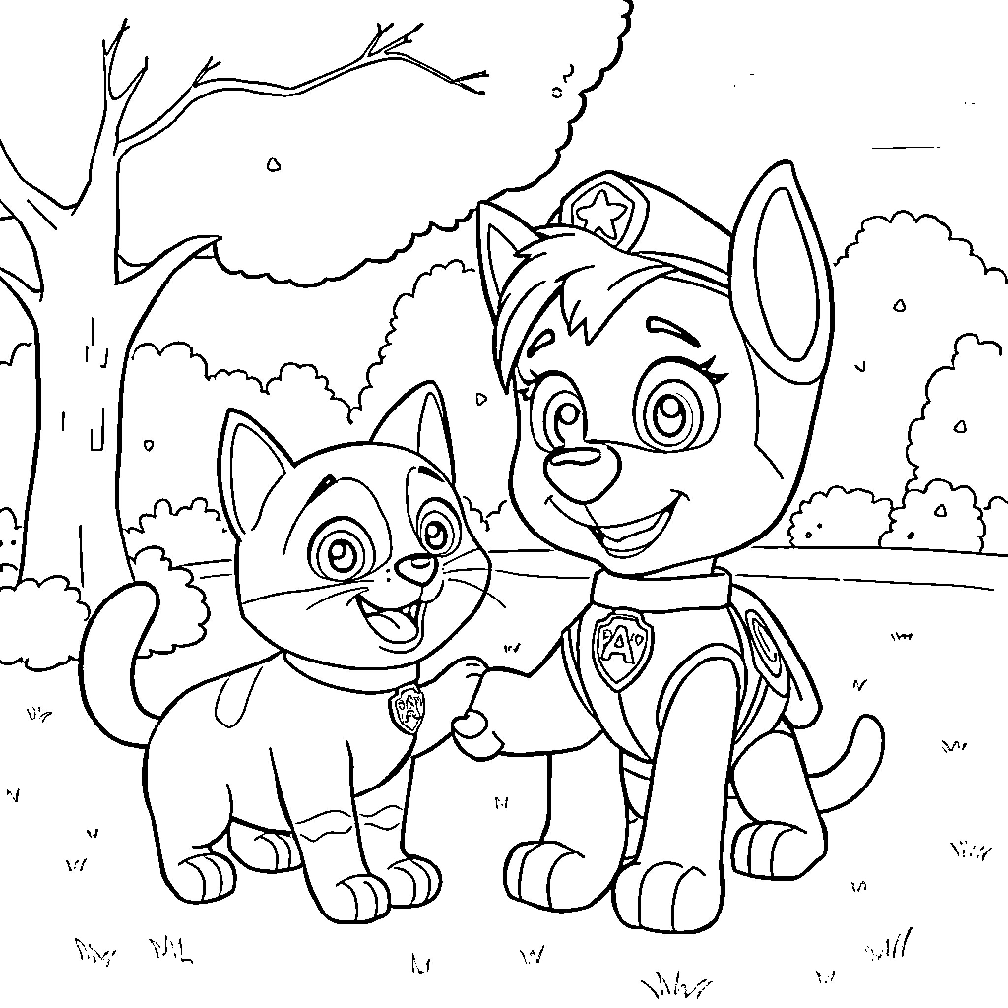 Skye and her Pup Exploring the Outdoors Coloring Page (free black-and-white line drawing printable PDF for all, from beginners to advanced learners, including children, teens, adults, and seniors)