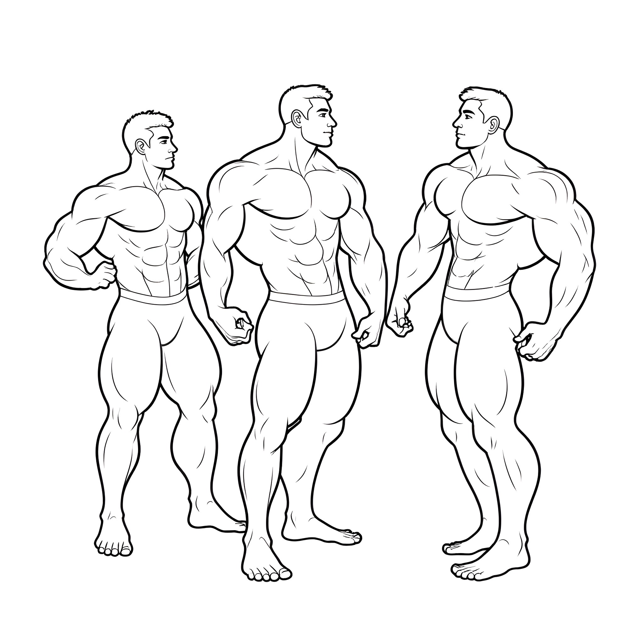 Men displaying muscular physiques Coloring Page (free black-and-white line drawing printable PDF for all, from beginners to advanced learners, including children, teens, adults, and seniors)