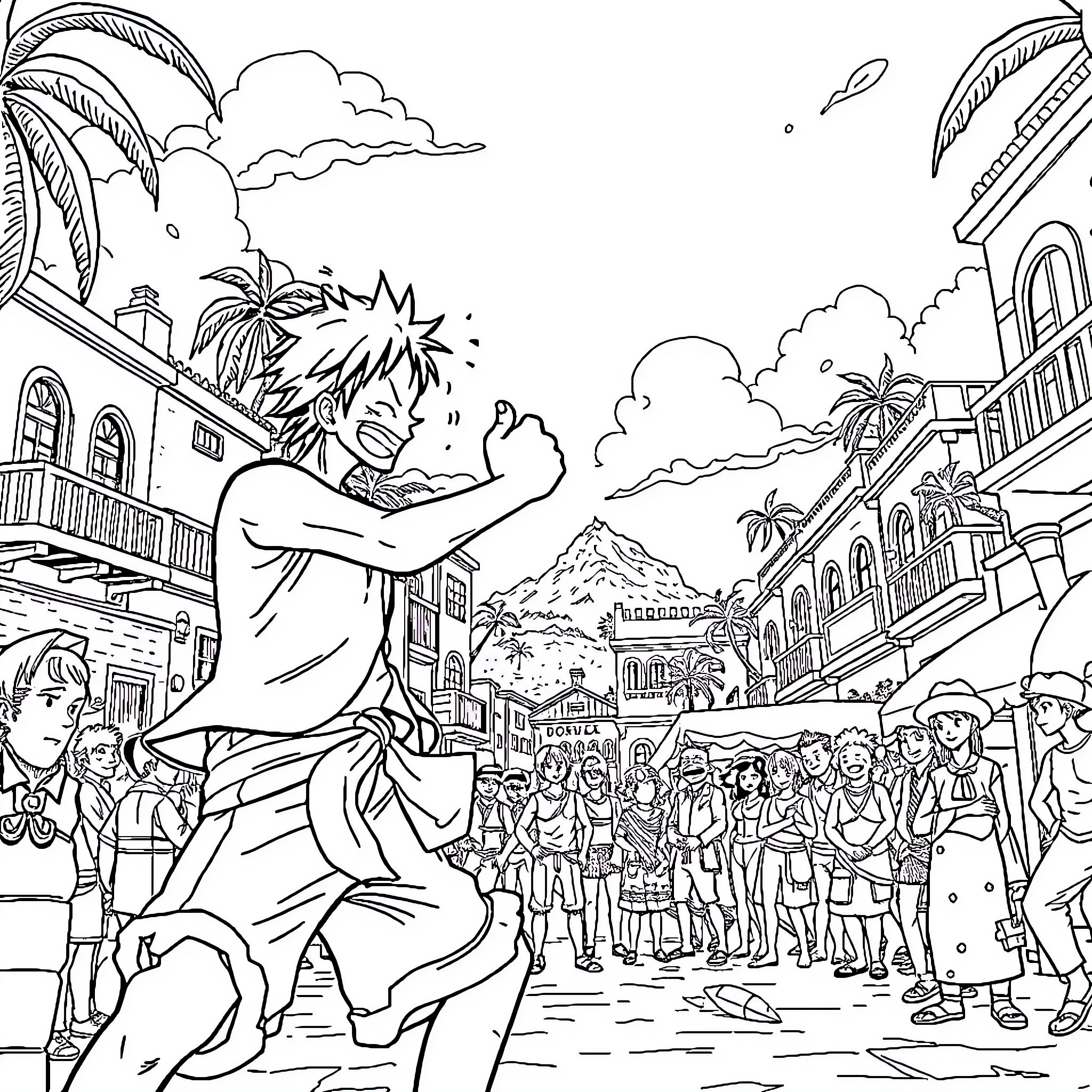 Luffy's Exciting Anime Adventure in the Vibrant Town Coloring Page (free black-and-white line drawing printable PDF for all, from beginners to advanced learners, including children, teens, adults, and seniors)