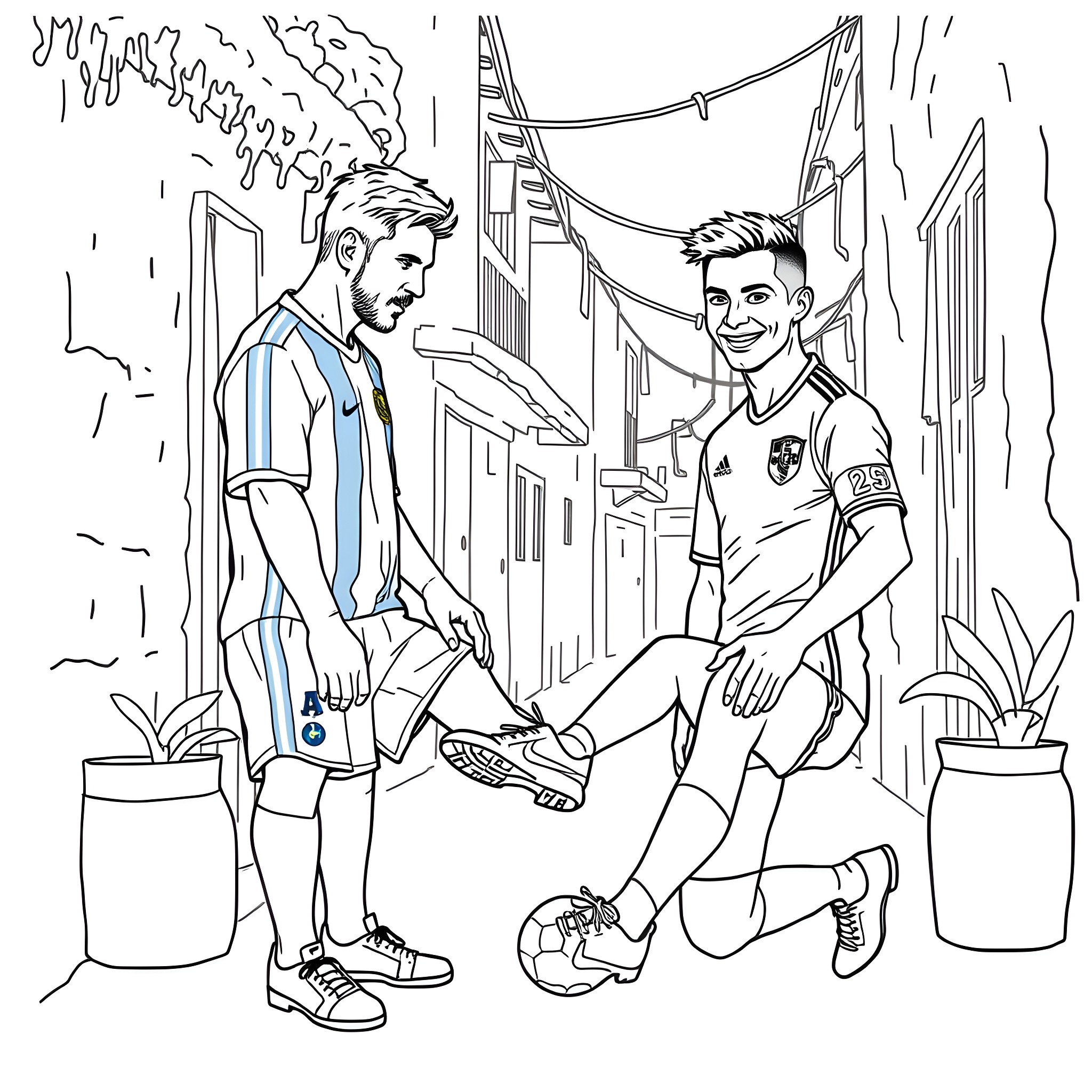 Messi and Neymar in Casual Attire on City Street Coloring Page (free black-and-white line drawing printable PDF for all, from beginners to advanced learners, including children, teens, adults, and seniors)