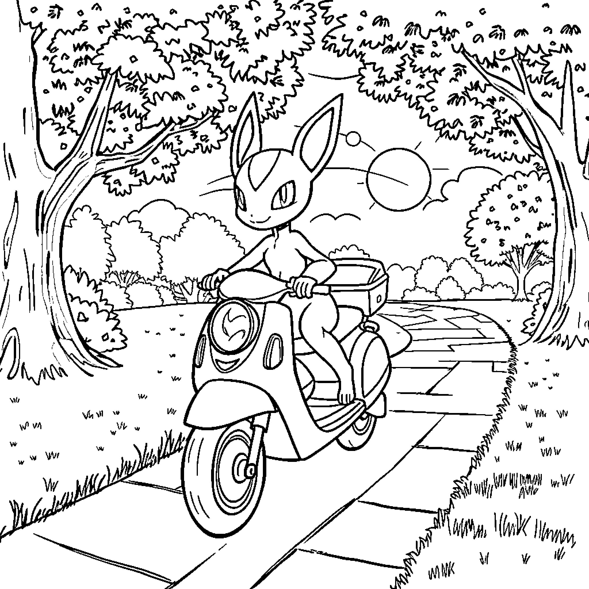 Mew 2 rides a scooter through a forest Coloring Page (free black-and-white line drawing printable PDF for all, from beginners to advanced learners, including children, teens, adults, and seniors)