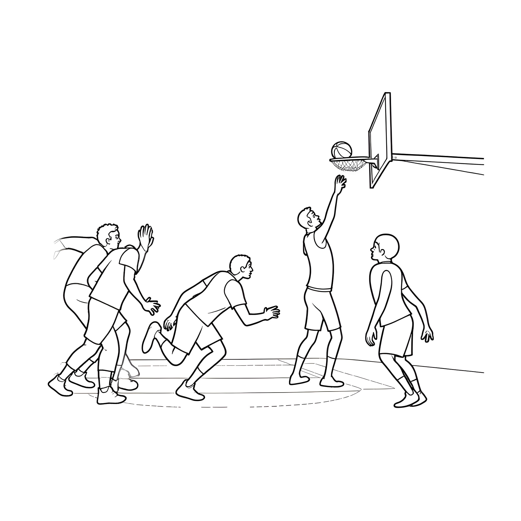 George Washington and friends playing basketball Coloring Page (free black-and-white line drawing printable PDF for all, from beginners to advanced learners, including children, teens, adults, and seniors)