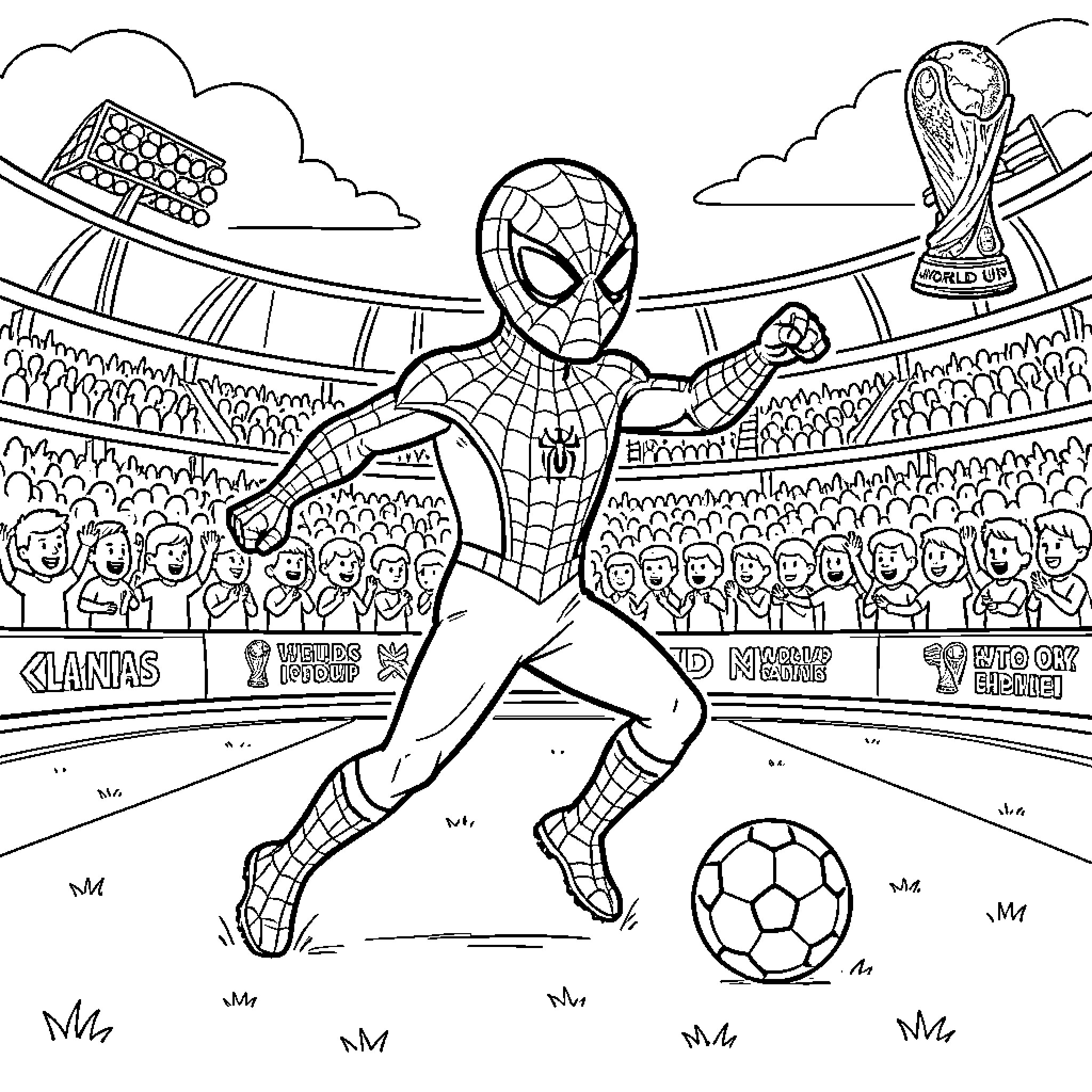 Spidey playing soccer in a crowded stadium Coloring Page (free black-and-white line drawing printable PDF for all, from beginners to advanced learners, including children, teens, adults, and seniors)