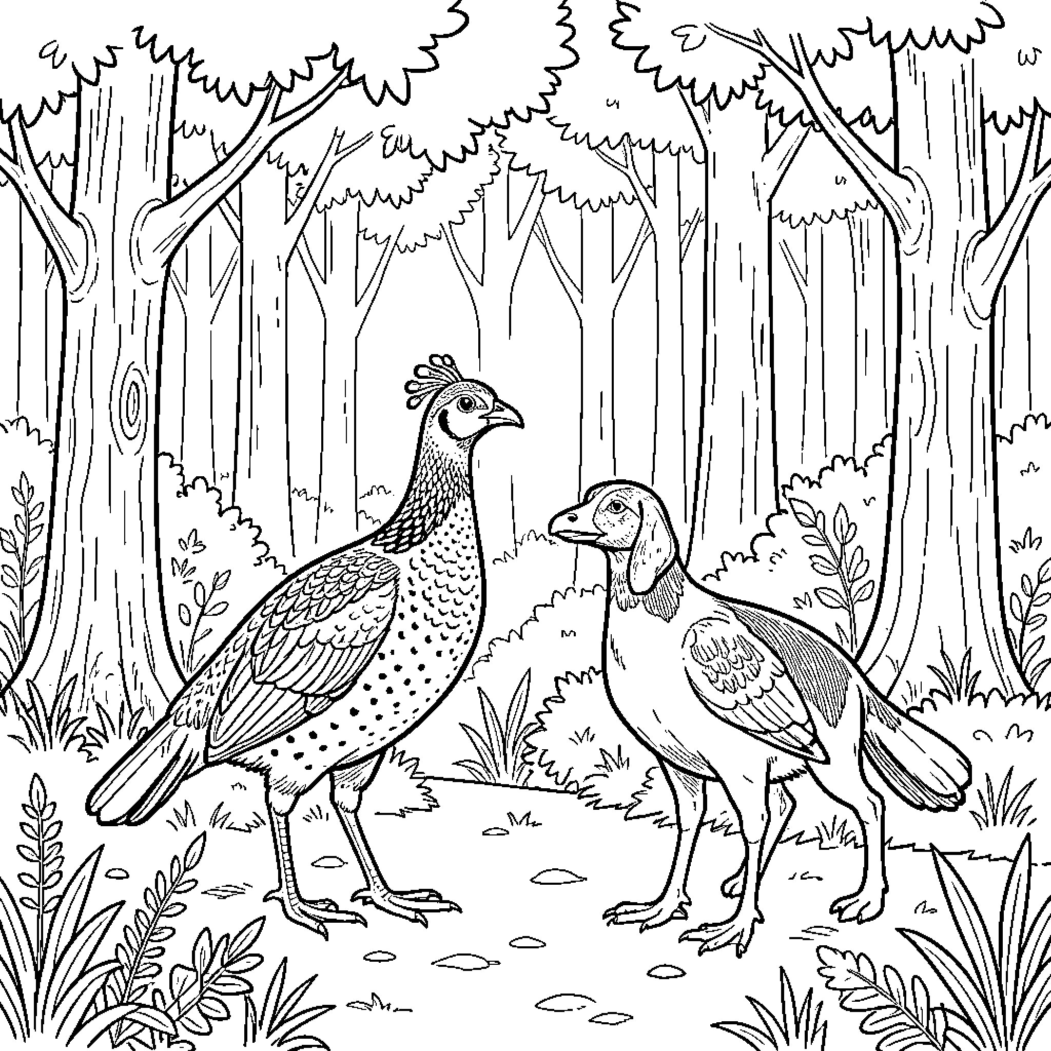 Pheasant interacting with another bird in the forest Coloring Page (free black-and-white line drawing printable PDF for all, from beginners to advanced learners, including children, teens, adults, and seniors)