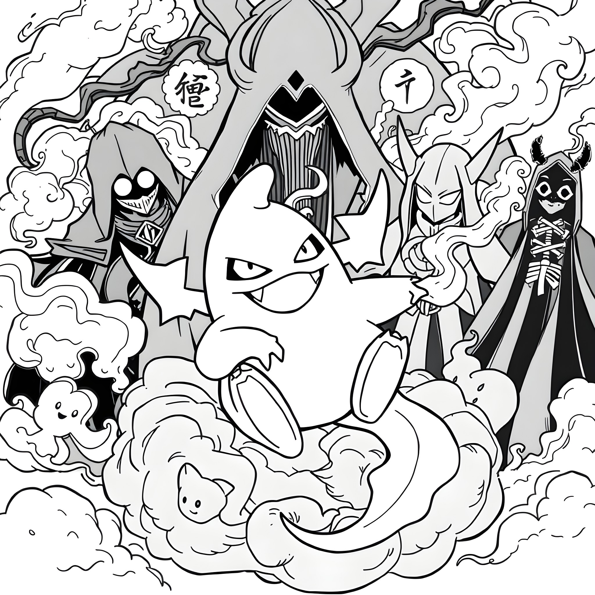 Gengar and Ghostly Companions in Ethereal Realm Coloring Page (free black-and-white line drawing printable PDF for all, from beginners to advanced learners, including children, teens, adults, and seniors)