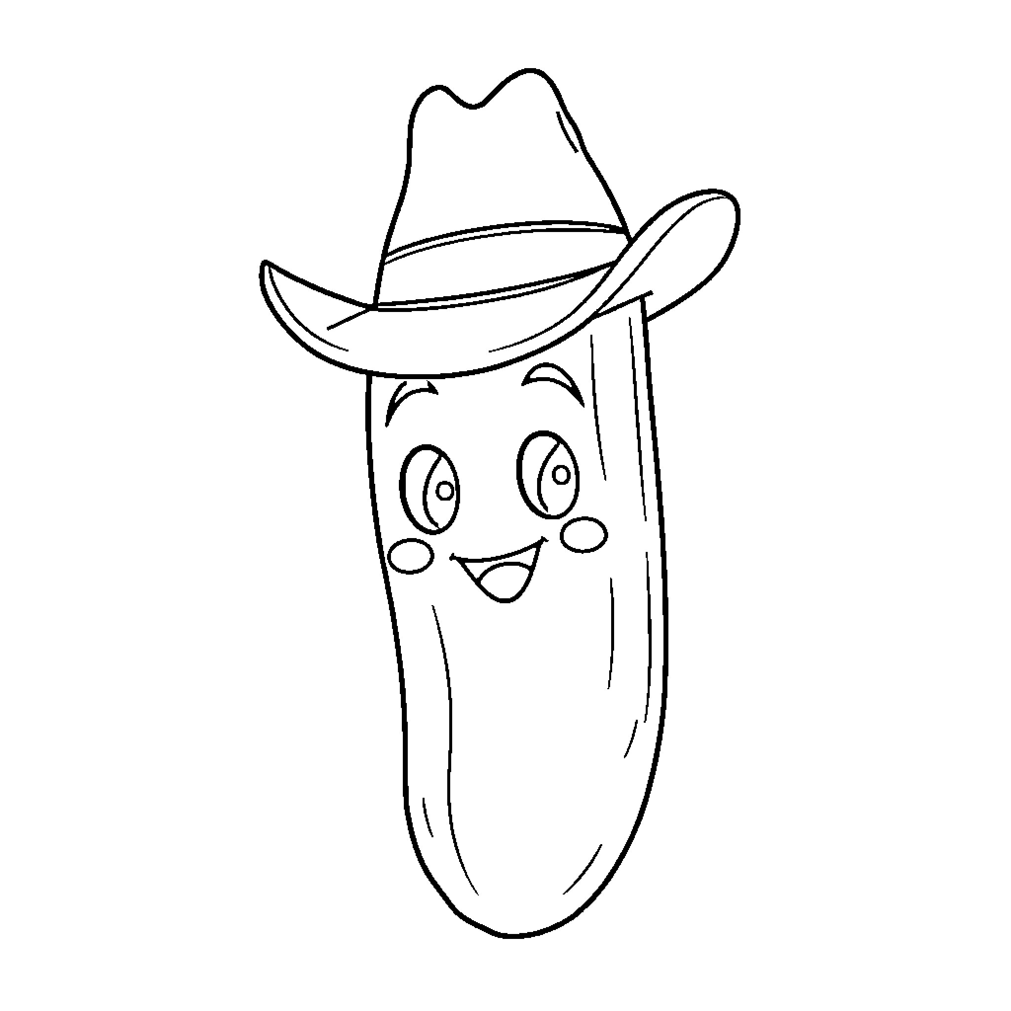 Pickle wearing a cowboy hat with a happy expression Coloring Page (free black-and-white line drawing printable PDF for all, from beginners to advanced learners, including children, teens, adults, and seniors)