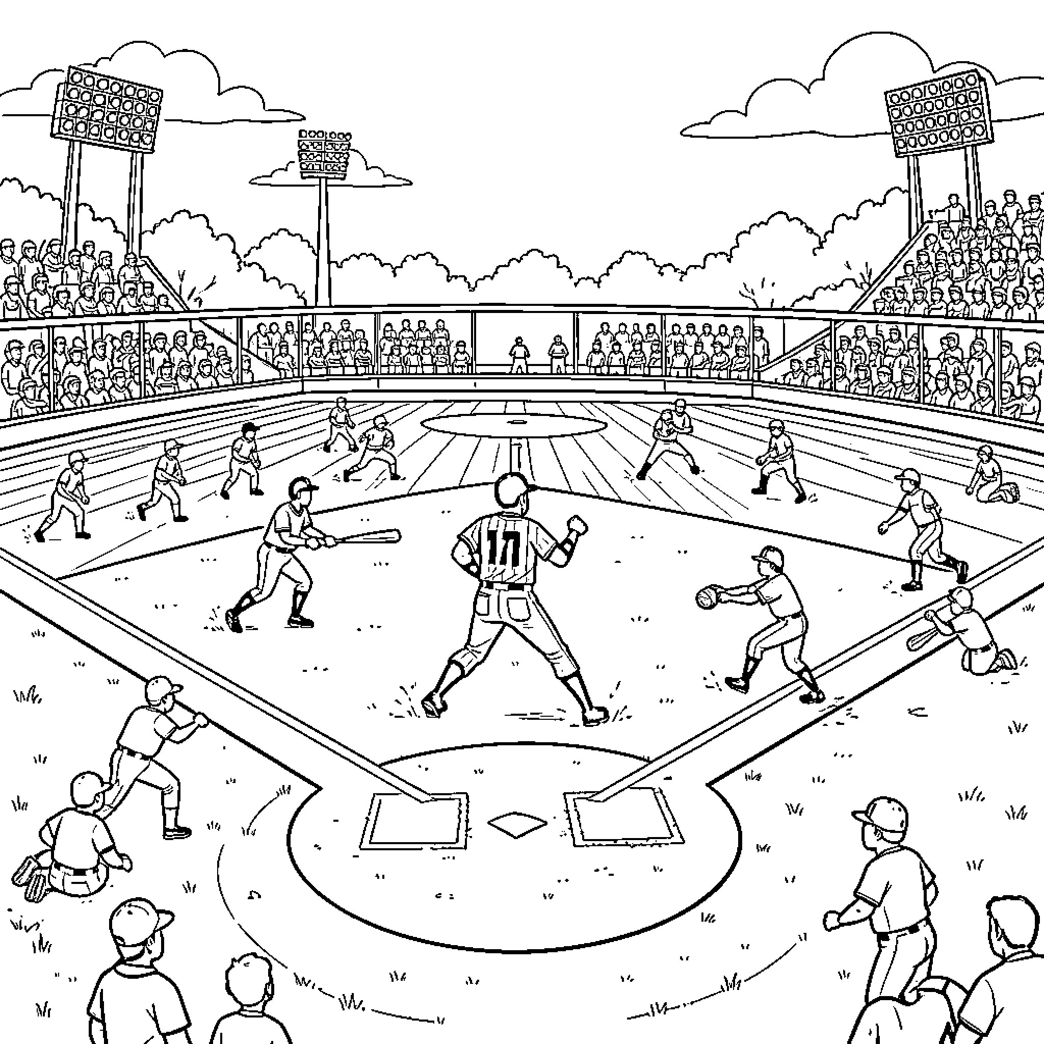 Baseball players competing in a lively stadium game Coloring Page (free black-and-white line drawing printable PDF for all, from beginners to advanced learners, including children, teens, adults, and seniors)