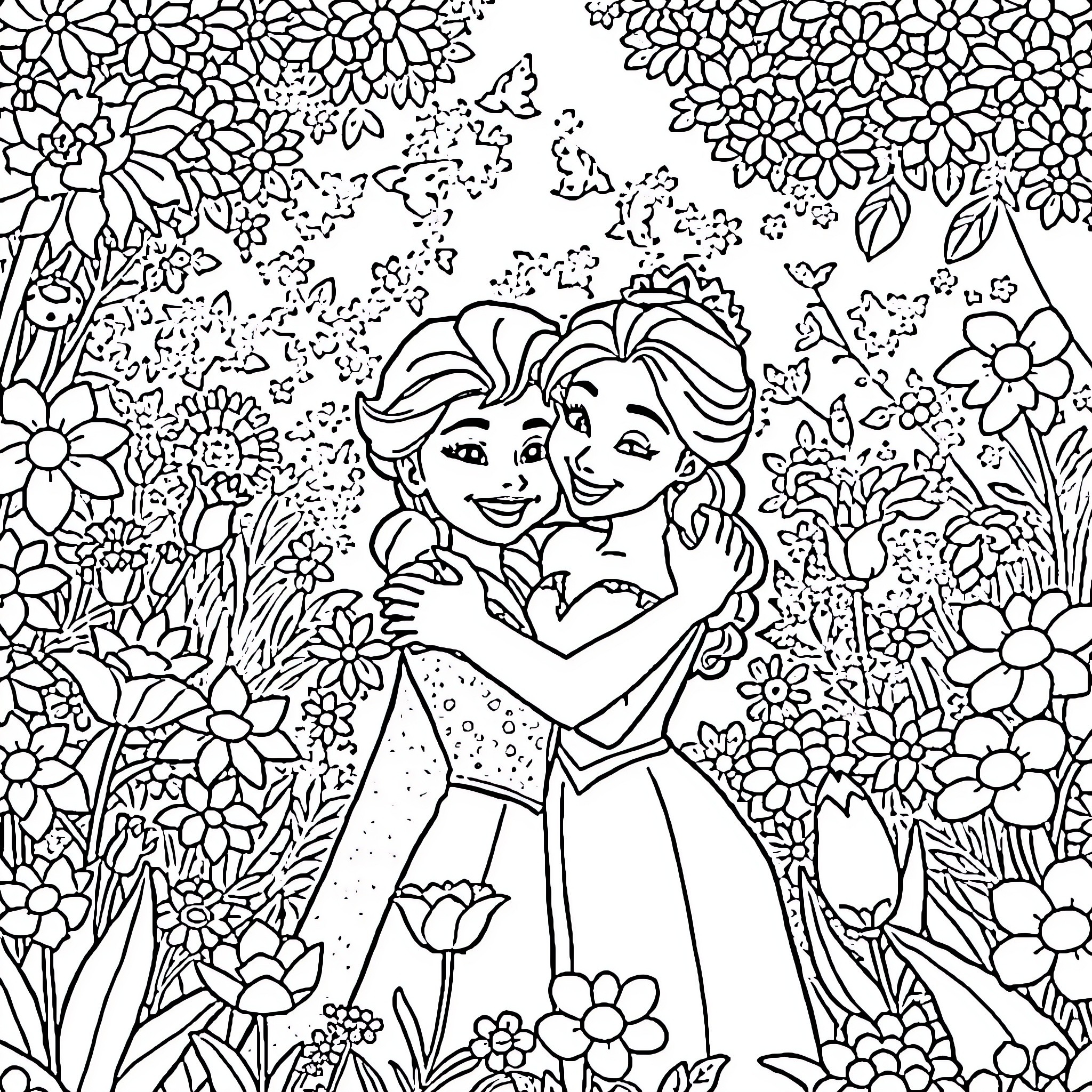Elsa and Anna embracing in a floral garden Coloring Page (free black-and-white line drawing printable PDF for all, from beginners to advanced learners, including children, teens, adults, and seniors)