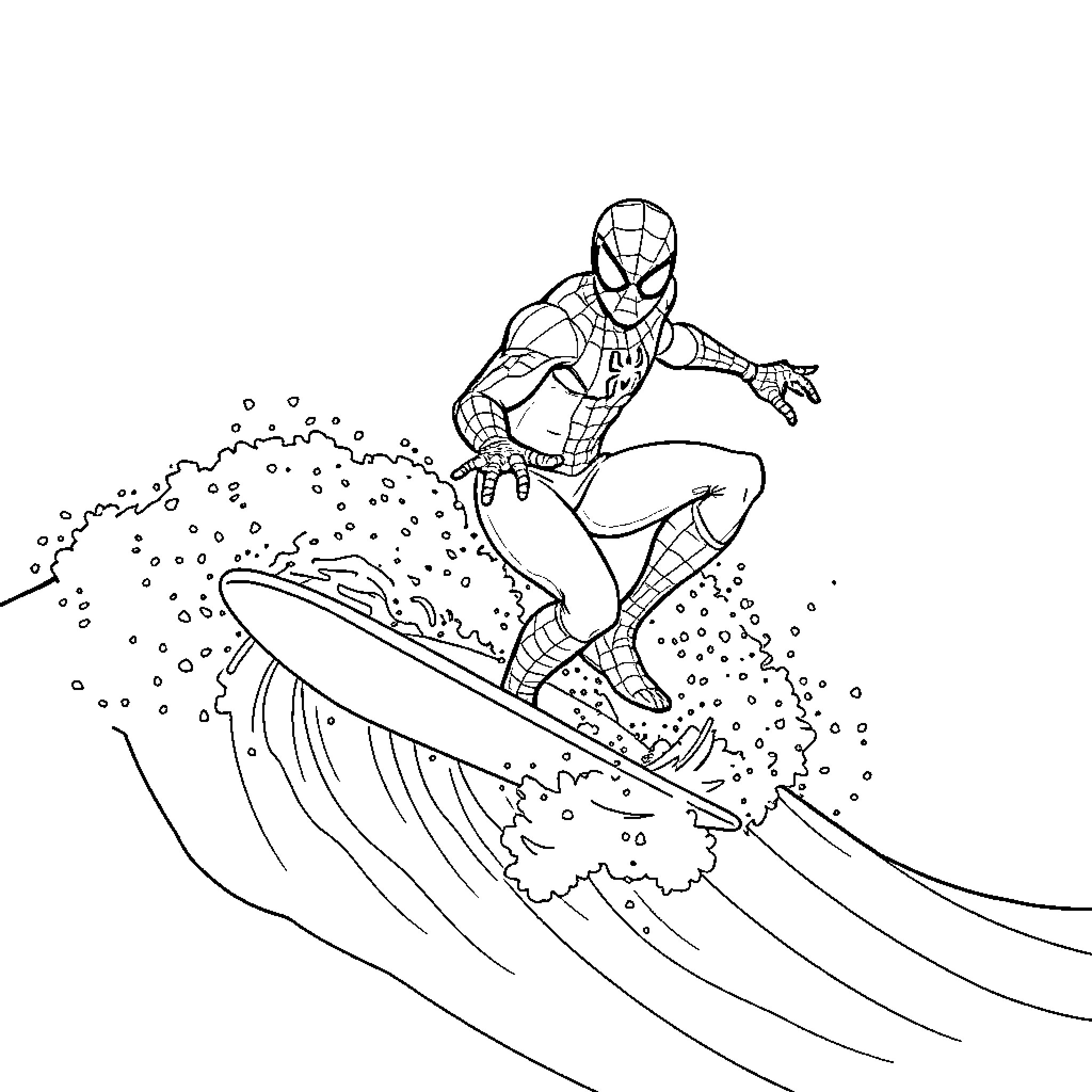 Spiderman riding the waves in action Coloring Page (free black-and-white line drawing printable PDF for all, from beginners to advanced learners, including children, teens, adults, and seniors)