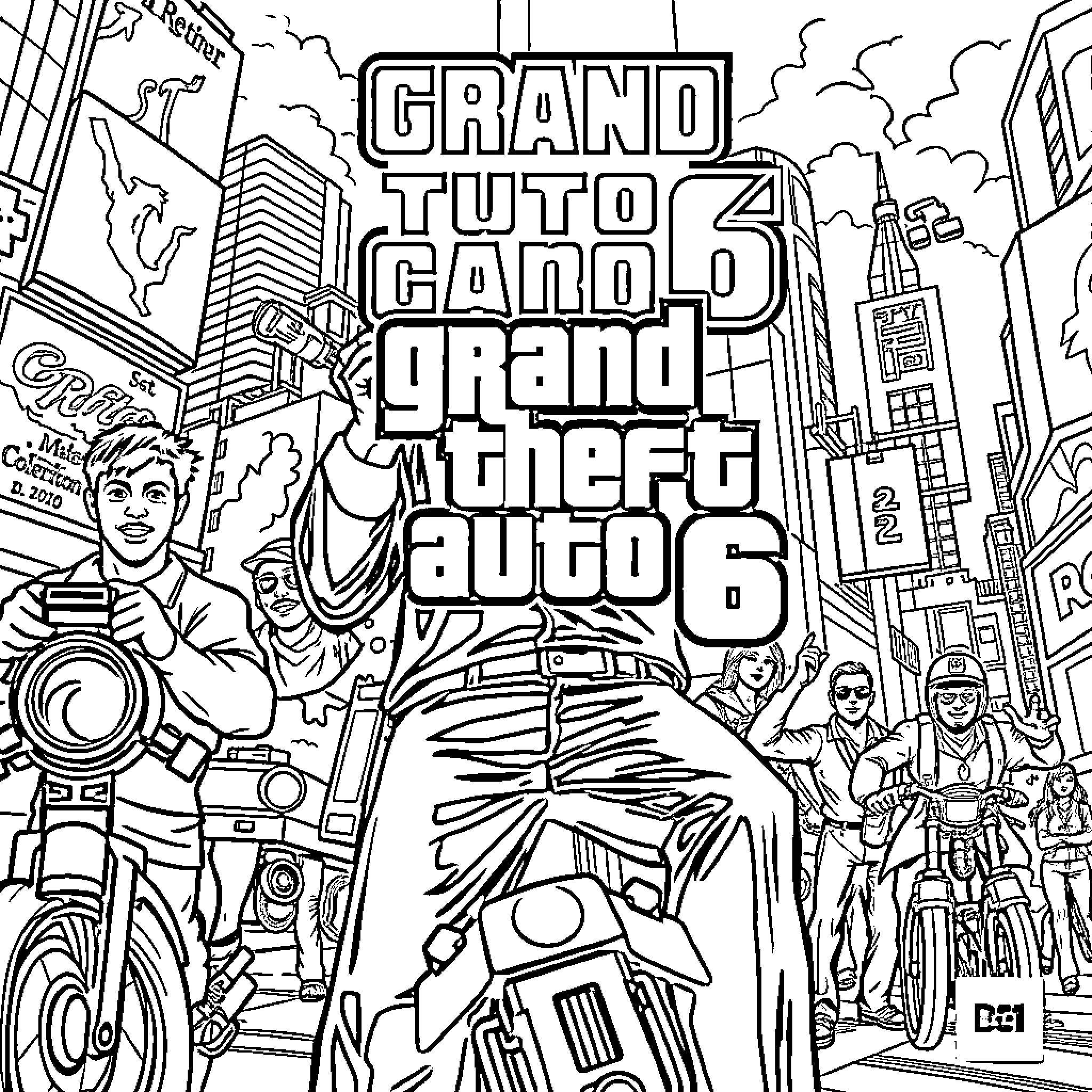 Gta6 - Characters, Vehicles, and Urban Scenery Coloring Page (free black-and-white line drawing printable PDF for all, from beginners to advanced learners, including children, teens, adults, and seniors)