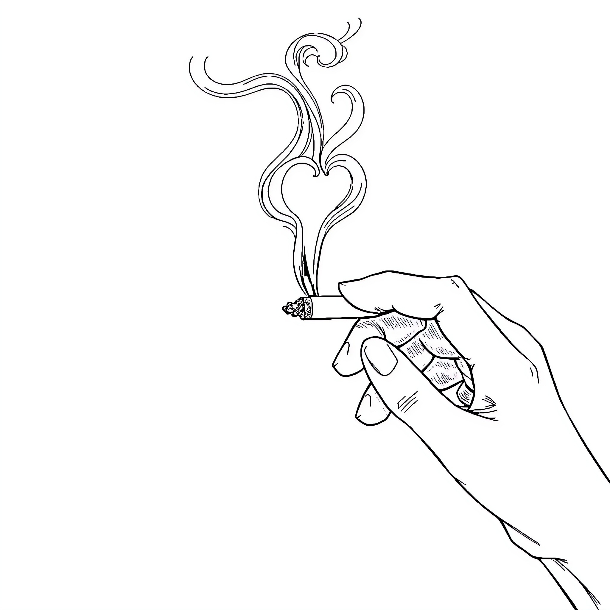 Cigarette held in hand with smoky curl Coloring Page (free black-and-white line drawing printable PDF for all, from beginners to advanced learners, including children, teens, adults, and seniors)