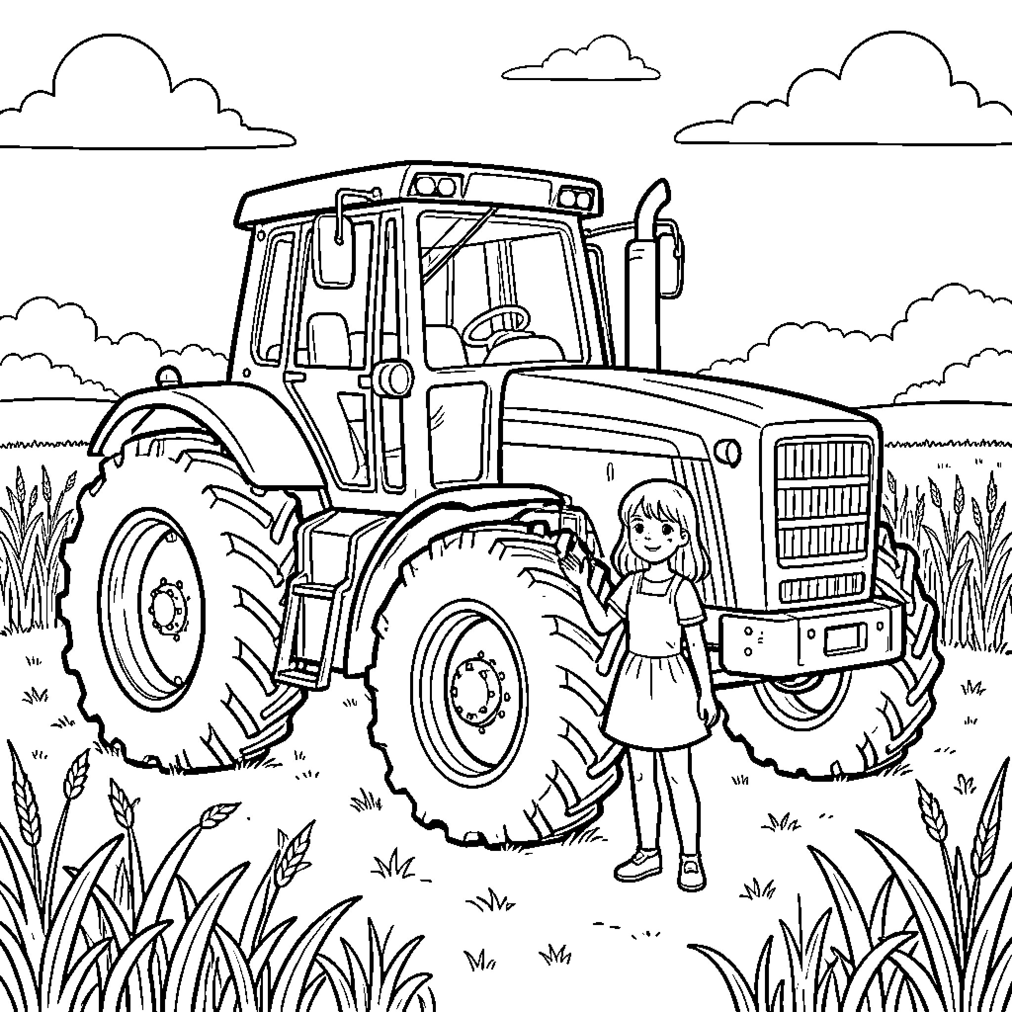 Girl and Tractor standing in a grassy field Coloring Page (free black-and-white line drawing printable PDF for all, from beginners to advanced learners, including children, teens, adults, and seniors)