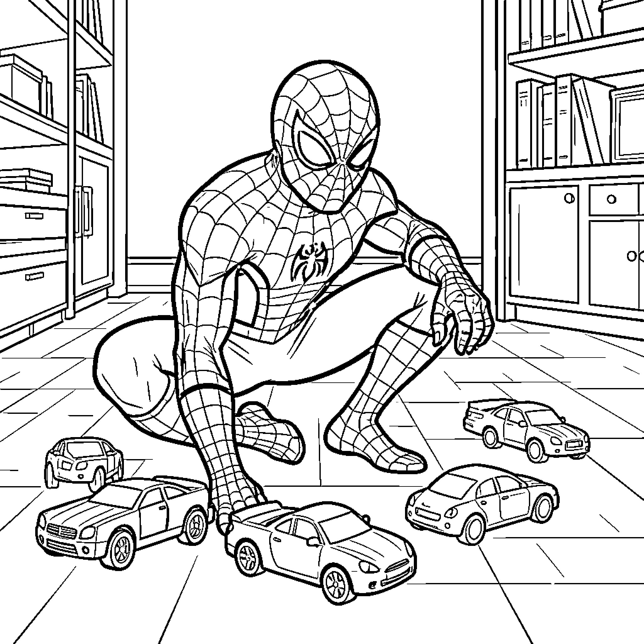 Spider-Man crouching and playing with toy cars Coloring Page (free black-and-white line drawing printable PDF for all, from beginners to advanced learners, including children, teens, adults, and seniors)