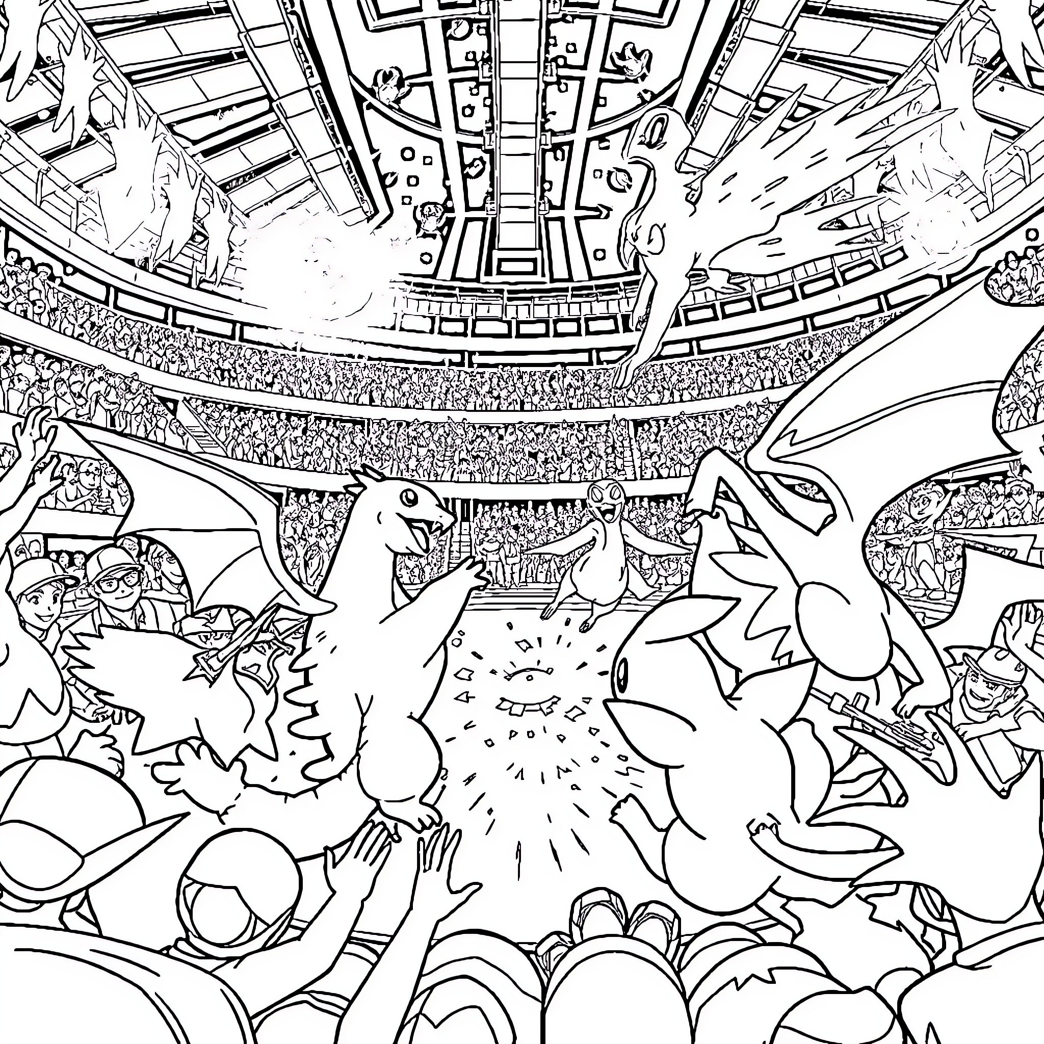 Pokémon Battle Showdown in the Arena Coloring Page (free black-and-white line drawing printable PDF for all, from beginners to advanced learners, including children, teens, adults, and seniors)
