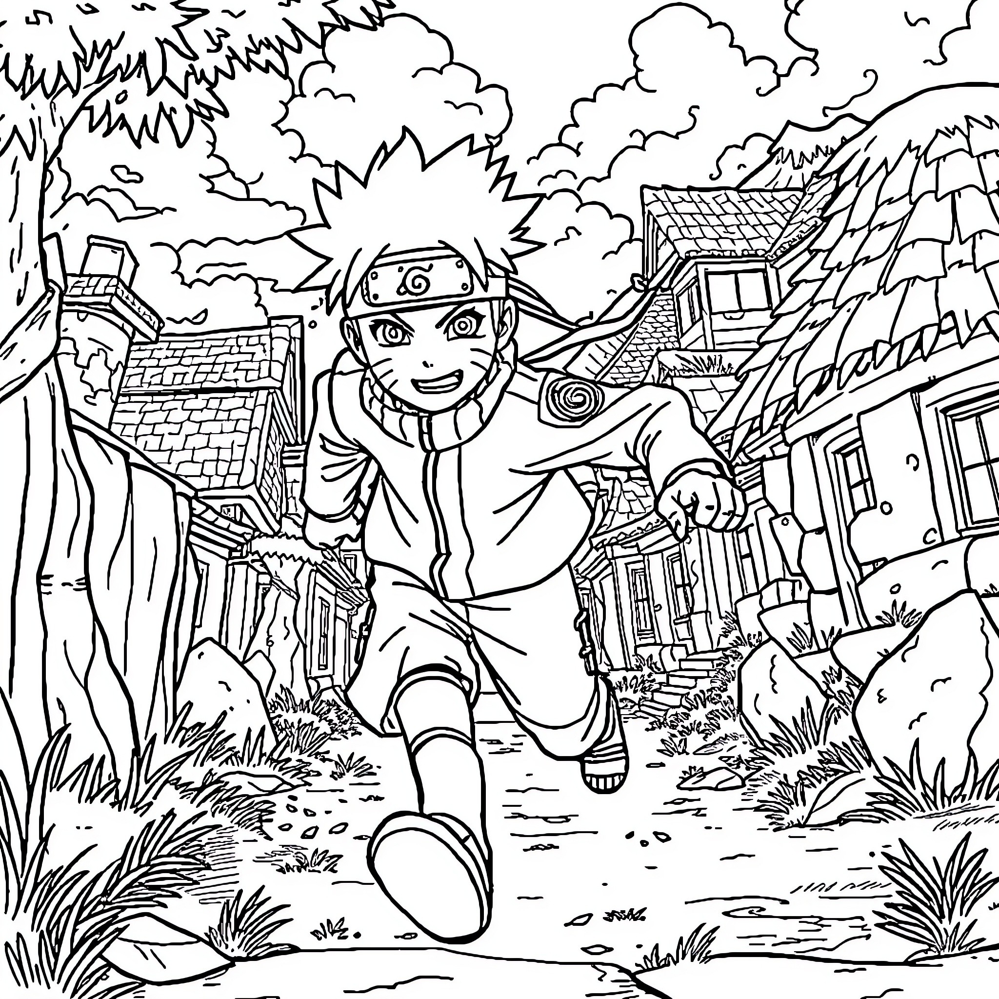 Naruto Running Through the Ninja Village Coloring Page (free black-and-white line drawing printable PDF for all, from beginners to advanced learners, including children, teens, adults, and seniors)
