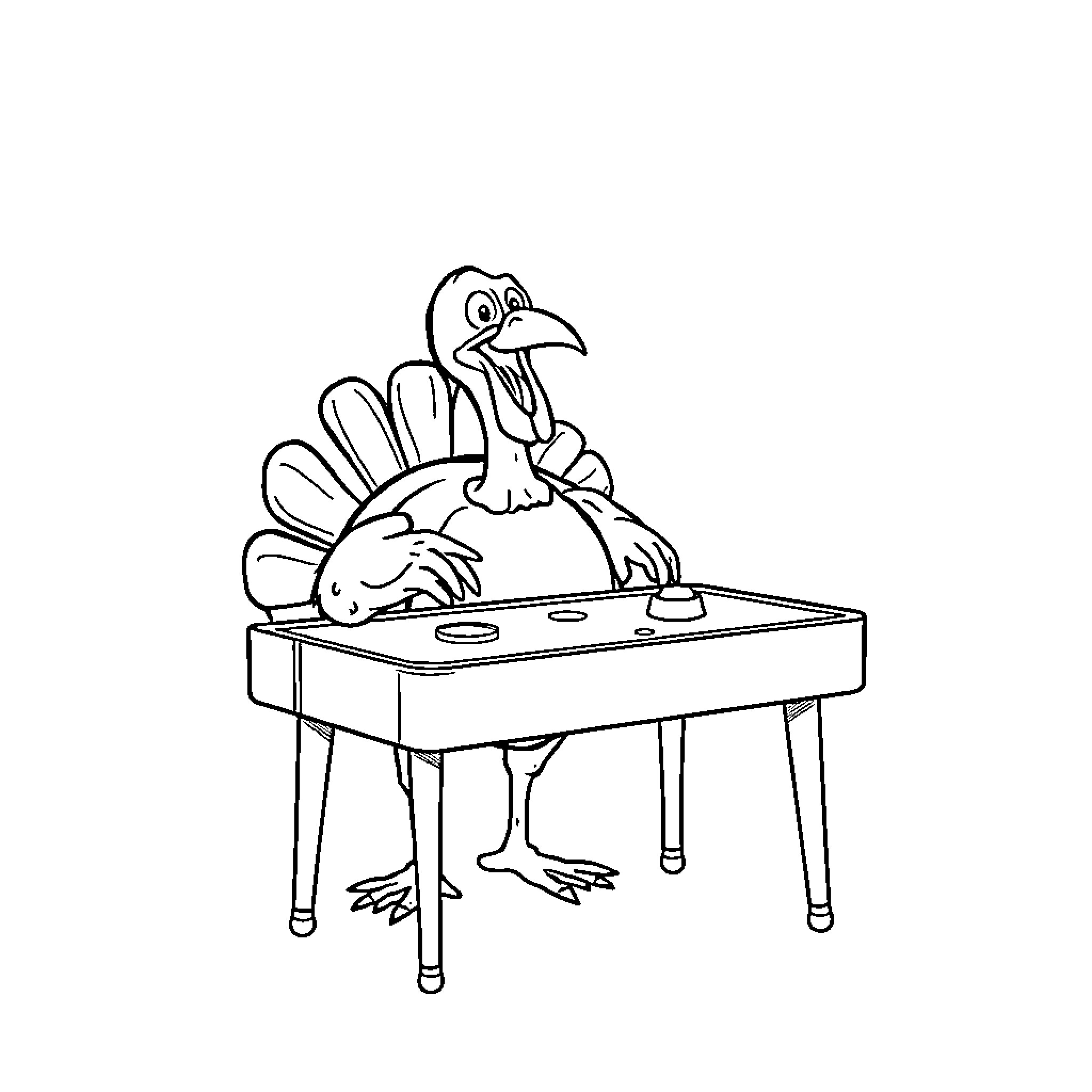 Turkey playing musical instrument on table Coloring Page (free black-and-white line drawing printable PDF for all, from beginners to advanced learners, including children, teens, adults, and seniors)
