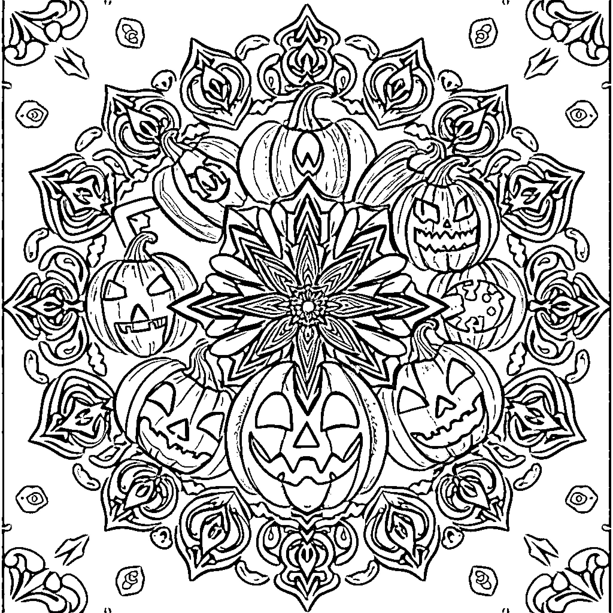 Pumpkin mandala with intricate floral designs Coloring Page (free black-and-white line drawing printable PDF for all, from beginners to advanced learners, including children, teens, adults, and seniors)