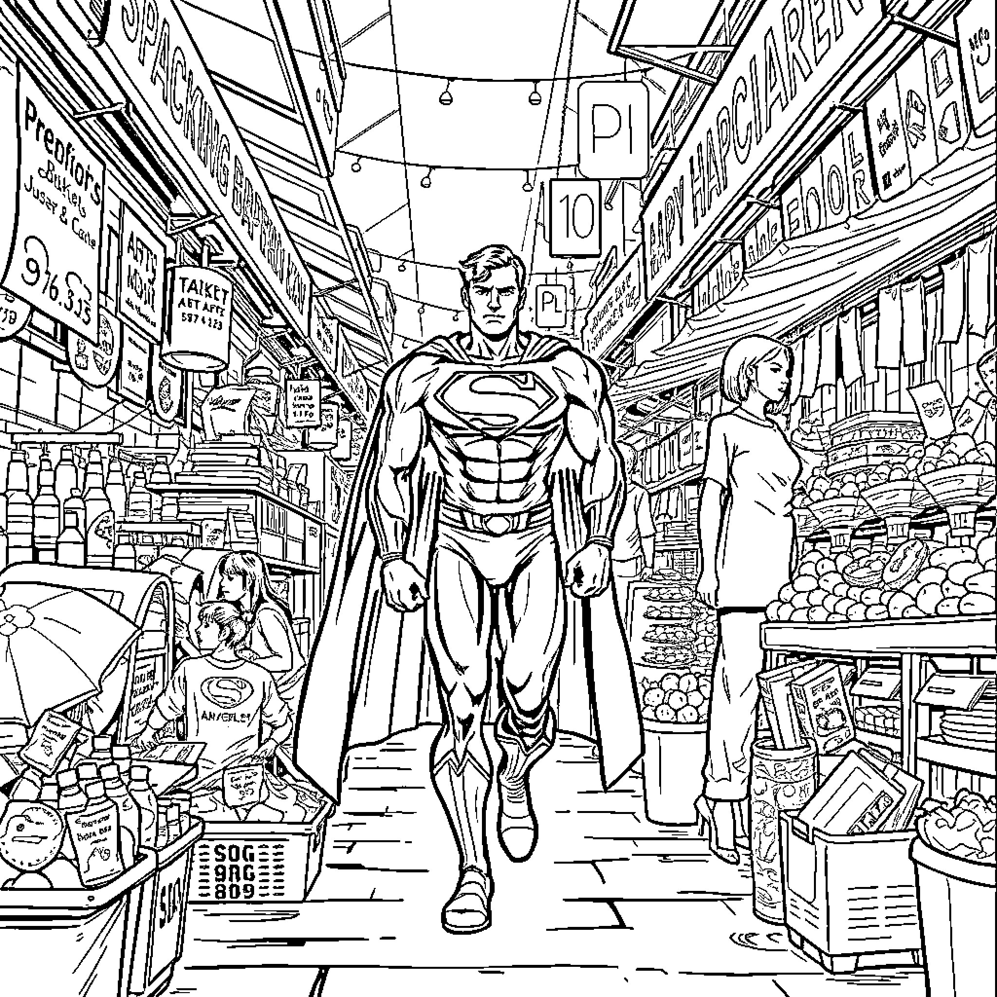 Superman Saving the Day in a Bustling Supermarket Coloring Page (free black-and-white line drawing printable PDF for all, from beginners to advanced learners, including children, teens, adults, and seniors)