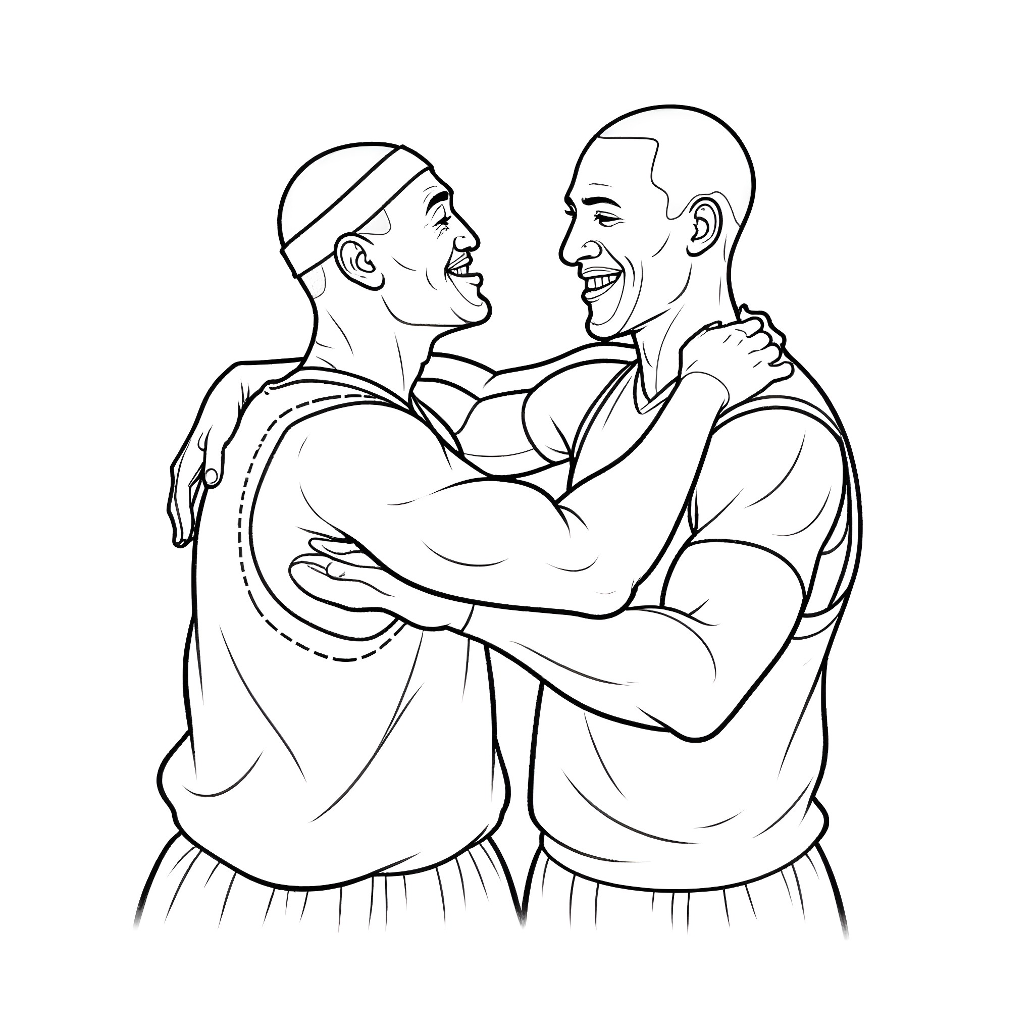 LeBron James and teammate celebrate victory Coloring Page (free black-and-white line drawing printable PDF for all, from beginners to advanced learners, including children, teens, adults, and seniors)