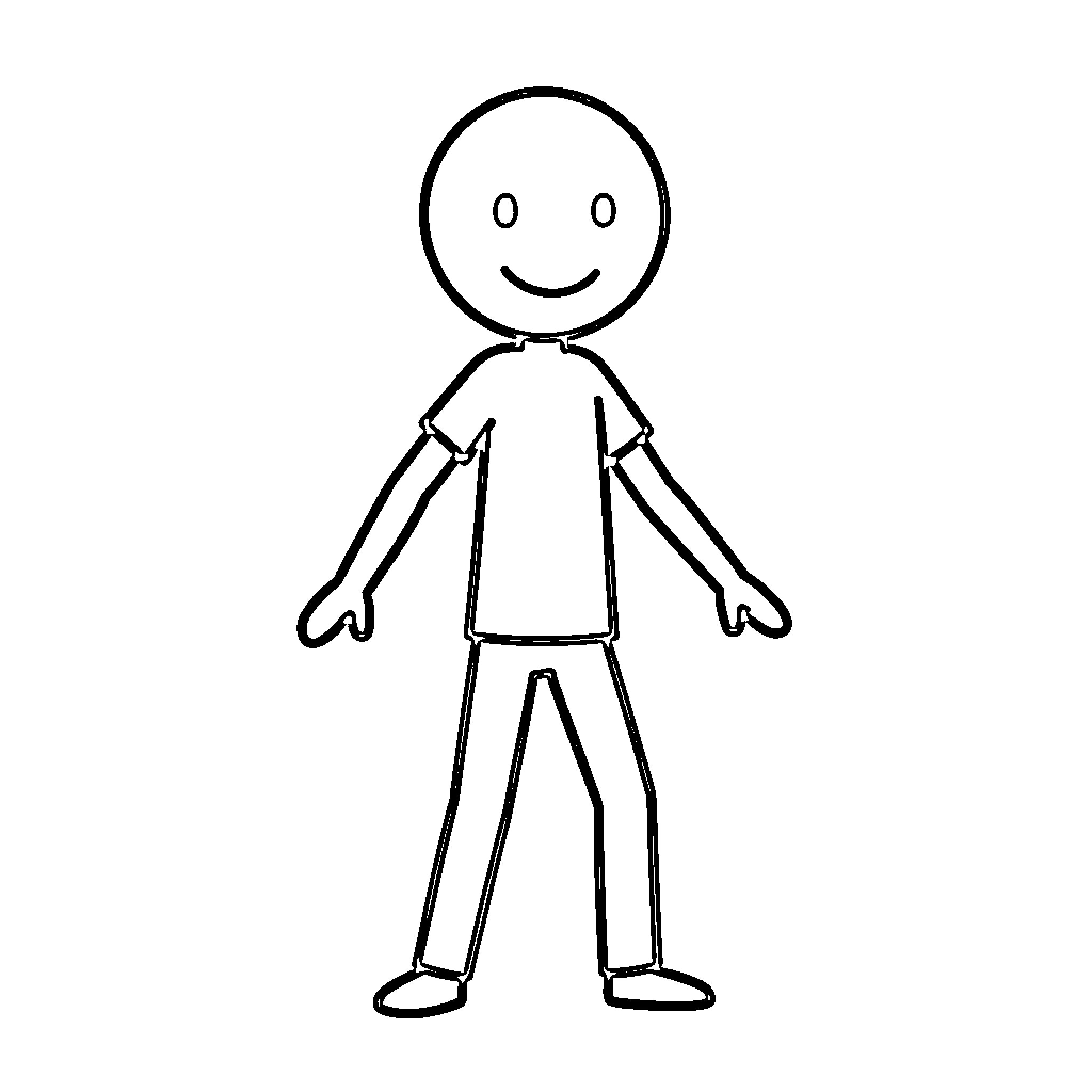 Stickman wearing a t-shirt and smiling happily Coloring Page (free black-and-white line drawing printable PDF for all, from beginners to advanced learners, including children, teens, adults, and seniors)