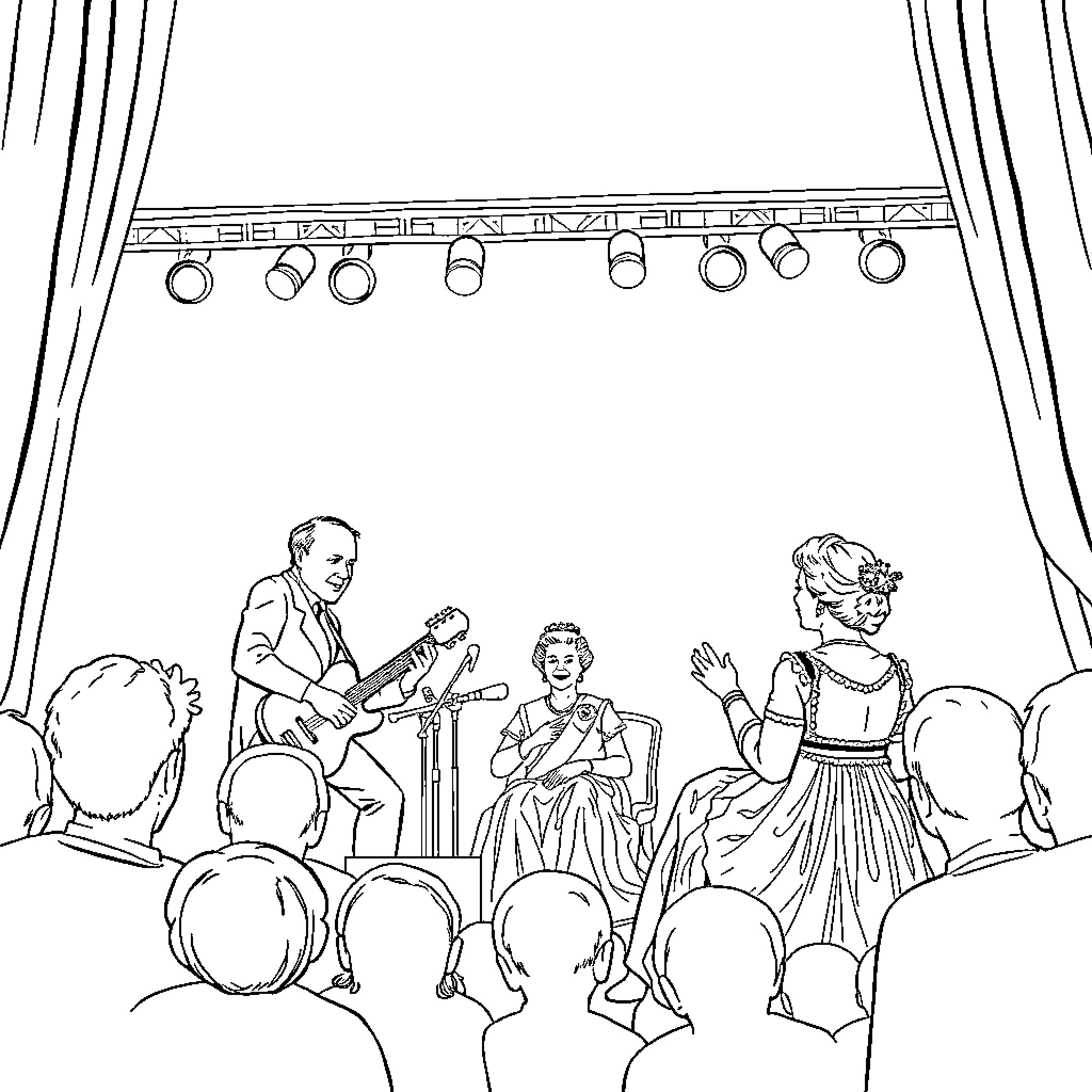 Phish performing on stage with audience Coloring Page (free black-and-white line drawing printable PDF for all, from beginners to advanced learners, including children, teens, adults, and seniors)
