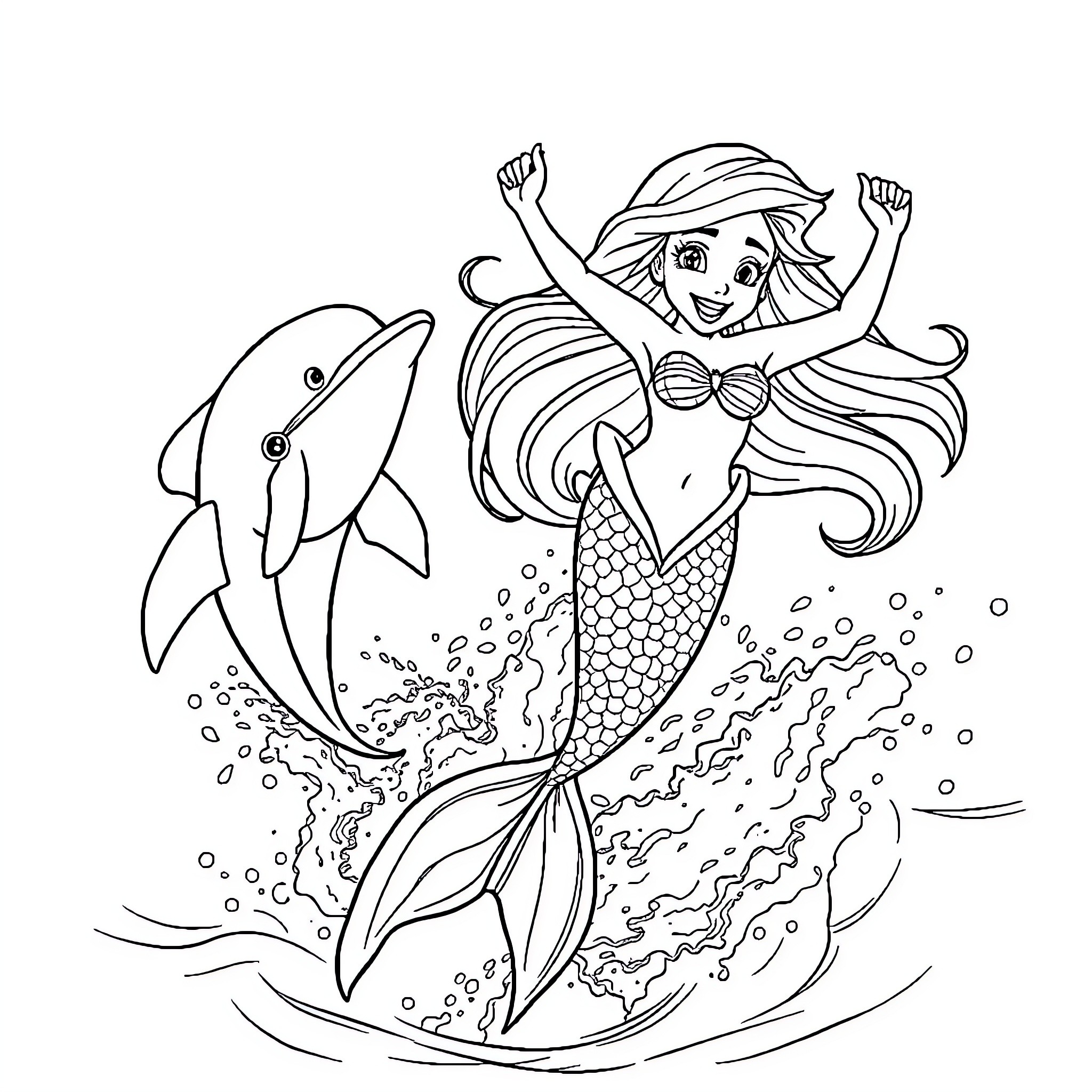 Ariel swimming joyfully with dolphin friend Coloring Page (free black-and-white line drawing printable PDF for all, from beginners to advanced learners, including children, teens, adults, and seniors)