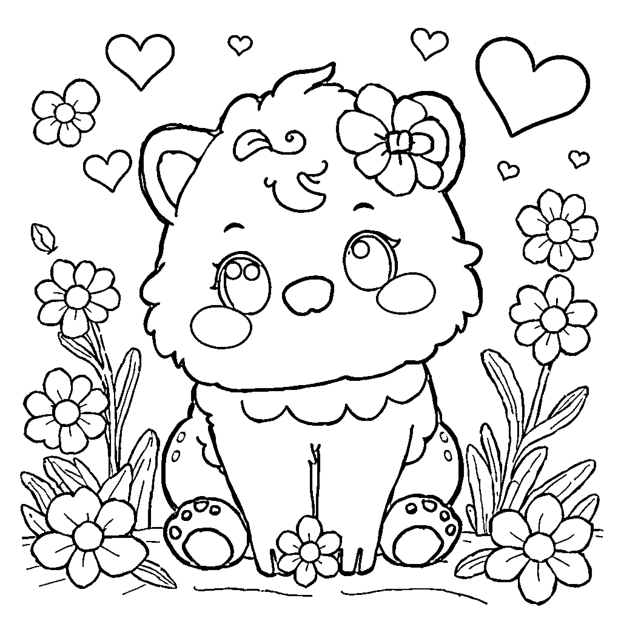 Kawaii Fluffy Creature Surrounded by Flowers and Hearts Coloring Page (free black-and-white line drawing printable PDF for all, from beginners to advanced learners, including children, teens, adults, and seniors)
