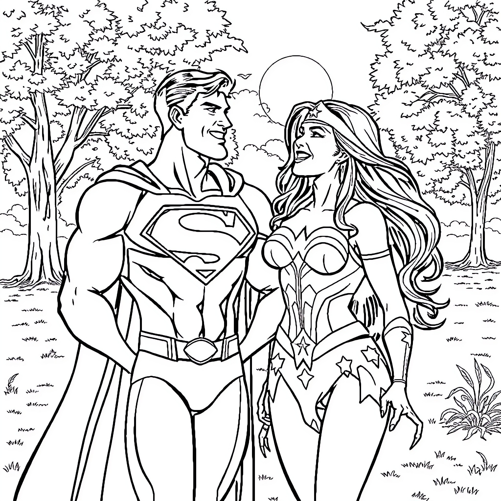 Superman and Wonder Woman in nature scene Coloring Page (free black-and-white line drawing printable PDF for all, from beginners to advanced learners, including children, teens, adults, and seniors)