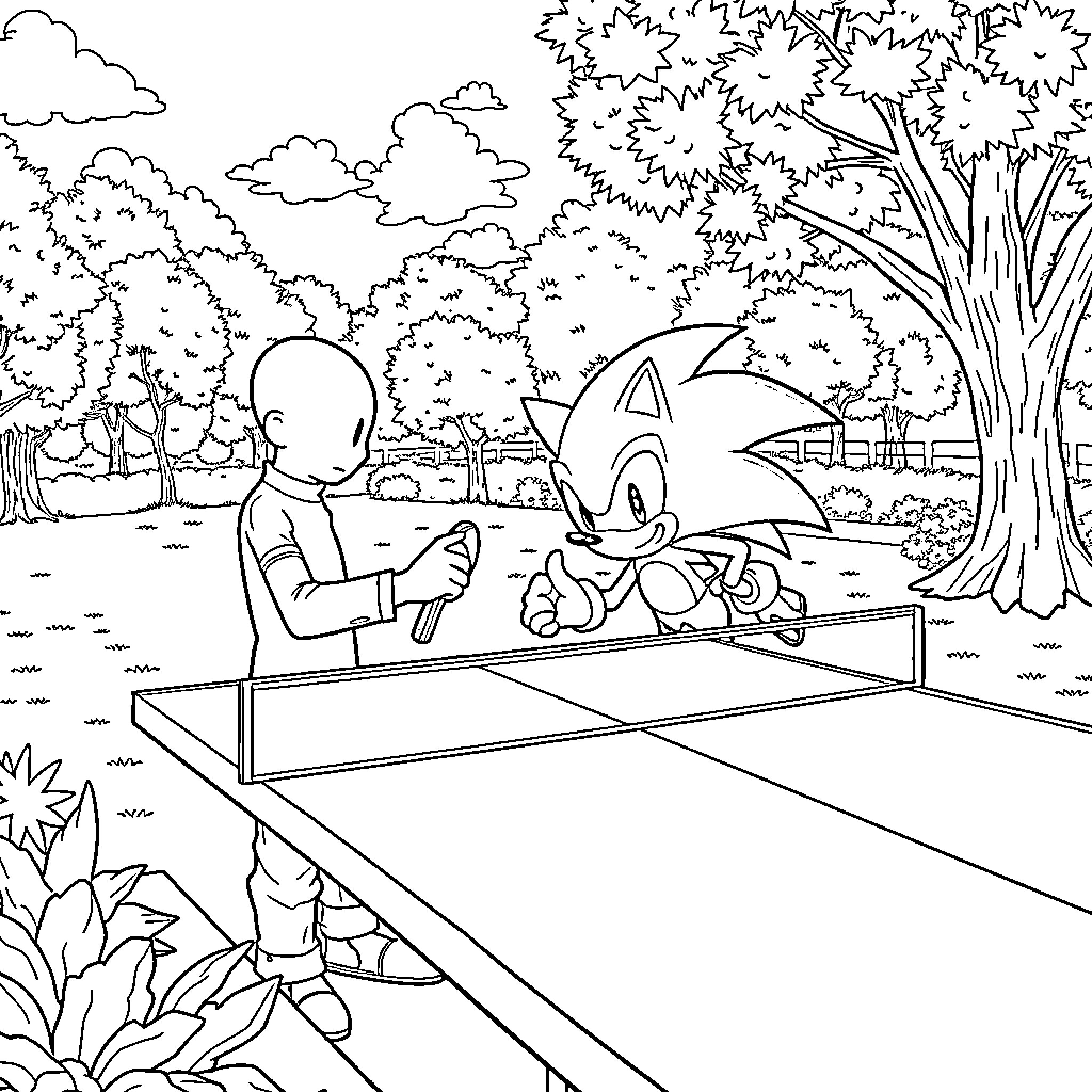 Saitama playing table tennis with Sonic the Hedgehog in the park Coloring Page (free black-and-white line drawing printable PDF for all, from beginners to advanced learners, including children, teens, adults, and seniors)
