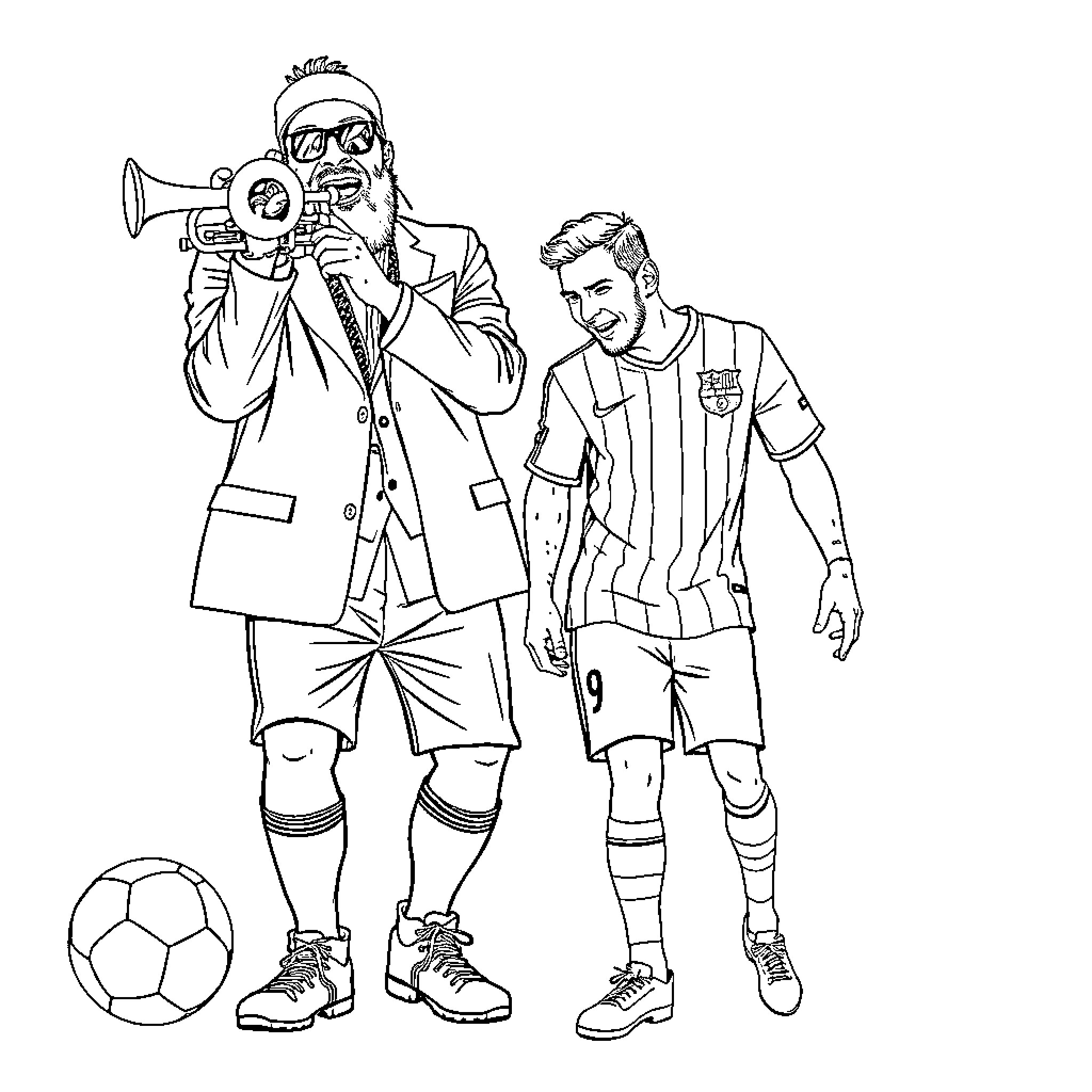 Rick Ross and soccer player in casual outfits Coloring Page (free black-and-white line drawing printable PDF for all, from beginners to advanced learners, including children, teens, adults, and seniors)