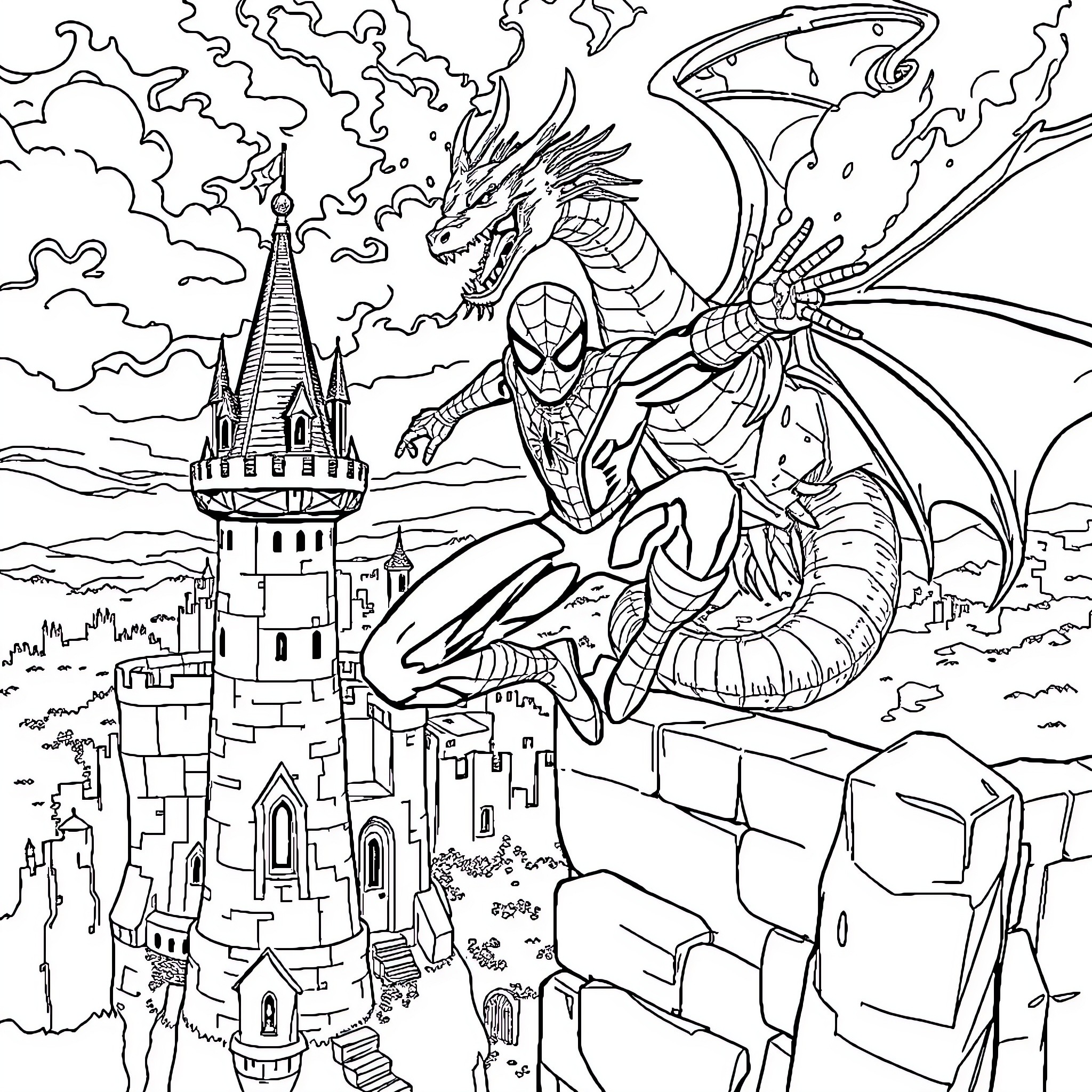 Spiderman battles a fierce dragon over a medieval city Coloring Page (free black-and-white line drawing printable PDF for all, from beginners to advanced learners, including children, teens, adults, and seniors)