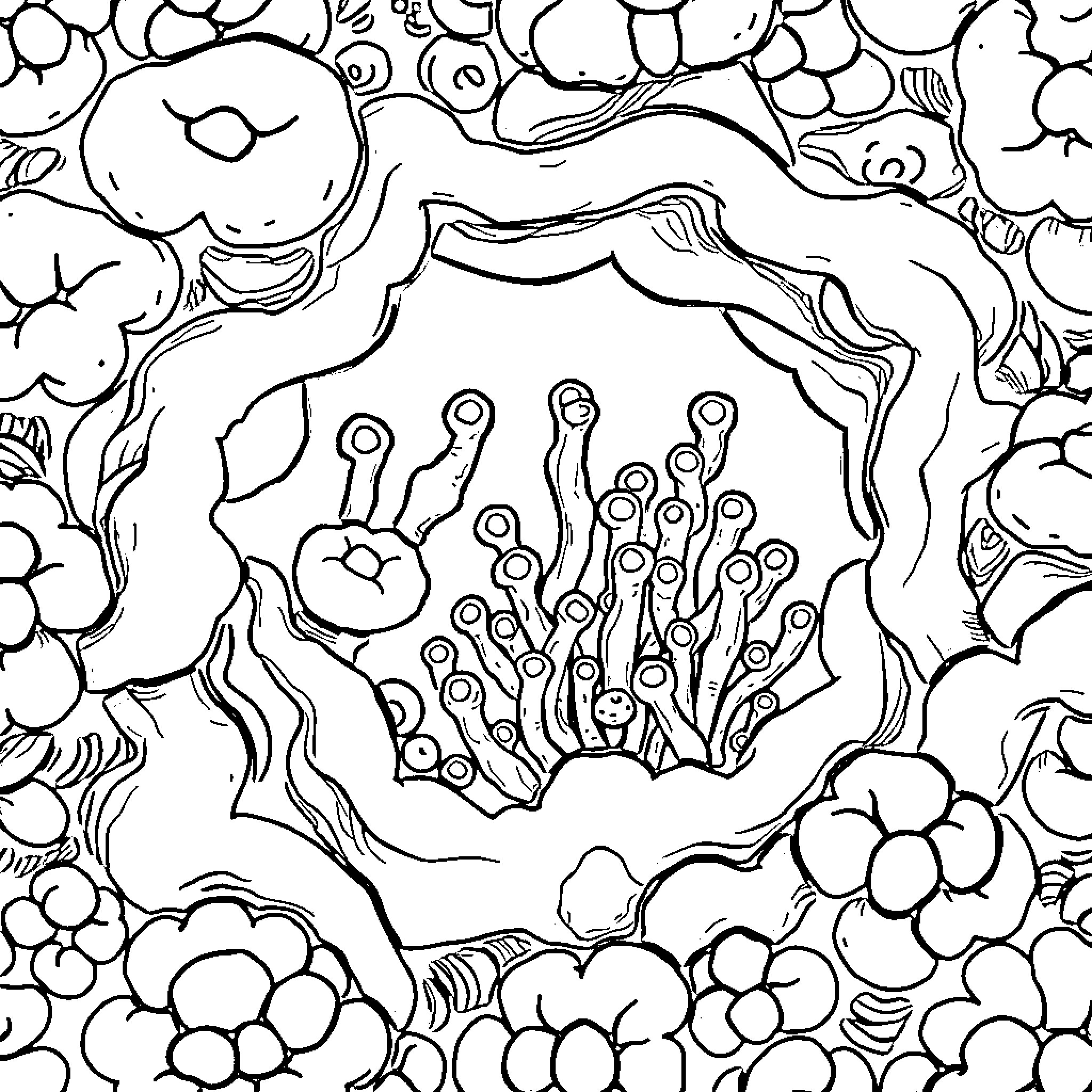 Zooxanthallae Symbiosis with Reef Organisms Coloring Page (free black-and-white line drawing printable PDF for all, from beginners to advanced learners, including children, teens, adults, and seniors)