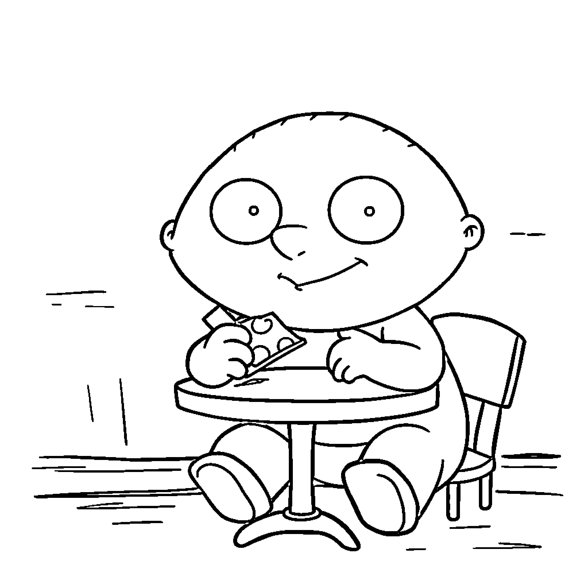 Stewie Griffin happily drawing at his desk Coloring Page (free black-and-white line drawing printable PDF for all, from beginners to advanced learners, including children, teens, adults, and seniors)