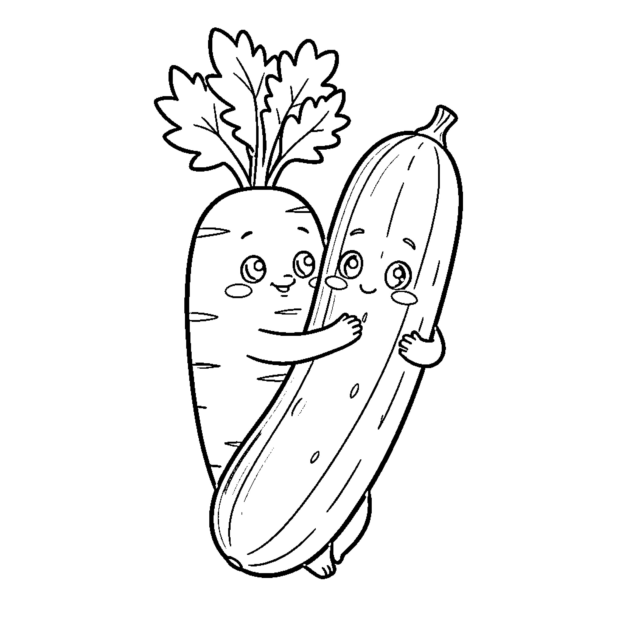Carrot characters engaged in playful interaction Coloring Page (free black-and-white line drawing printable PDF for all, from beginners to advanced learners, including children, teens, adults, and seniors)