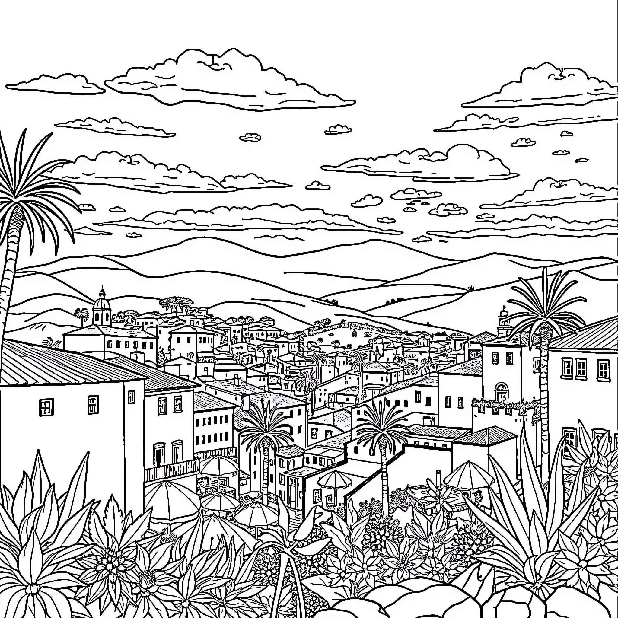 Spain's Vibrant Coastal Town Landscape Coloring Page (free black-and-white line drawing printable PDF for all, from beginners to advanced learners, including children, teens, adults, and seniors)