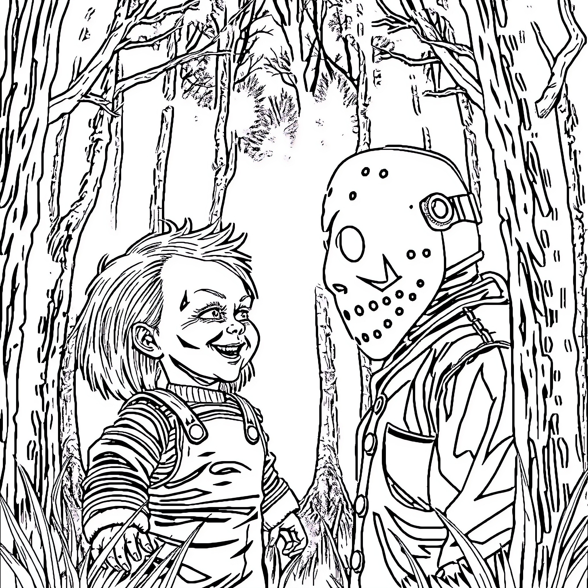 Chucky and masked figure in dark forest Coloring Page (free black-and-white line drawing printable PDF for all, from beginners to advanced learners, including children, teens, adults, and seniors)